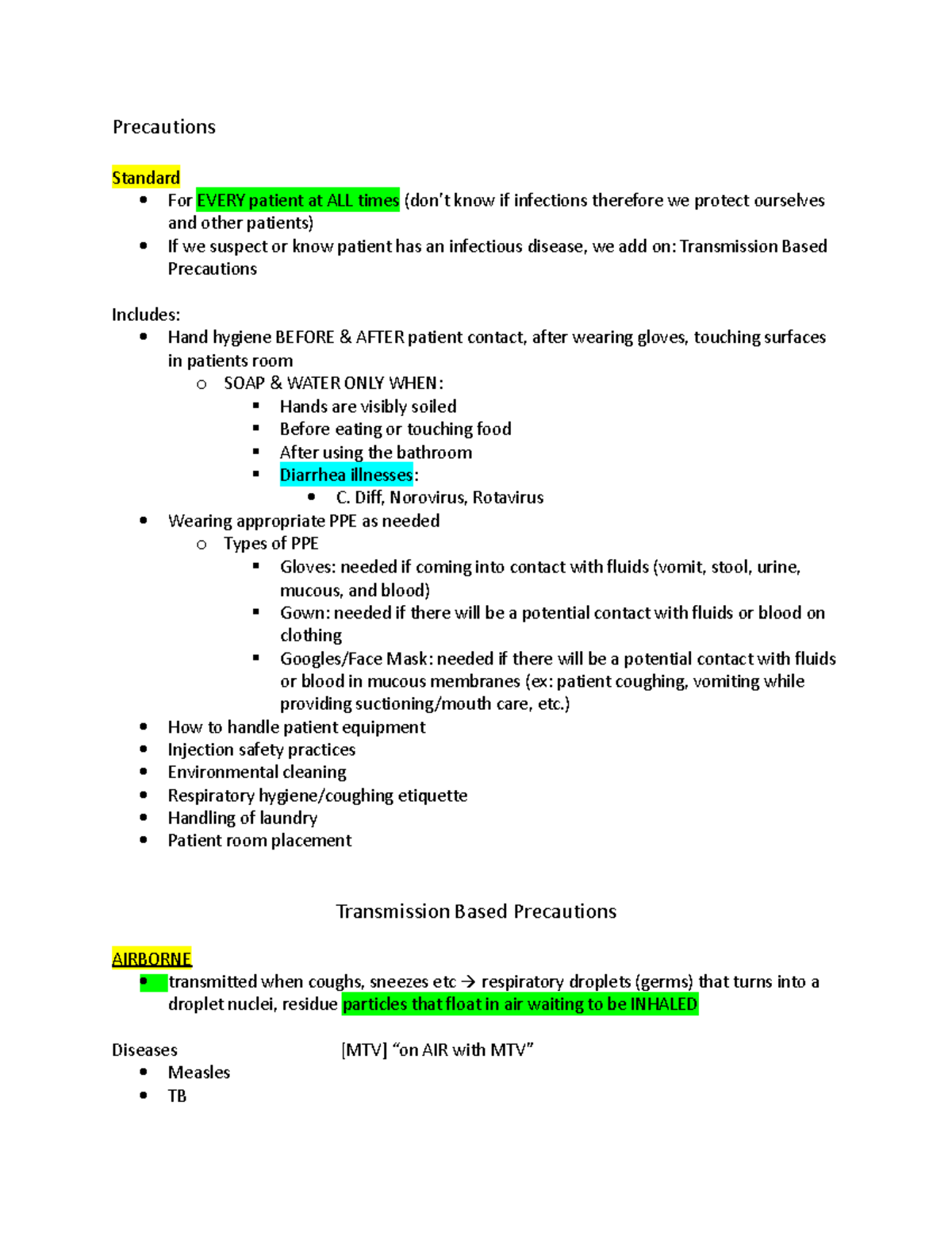 Precautions Notes - Precautions Standard For EVERY patient at ALL times ...