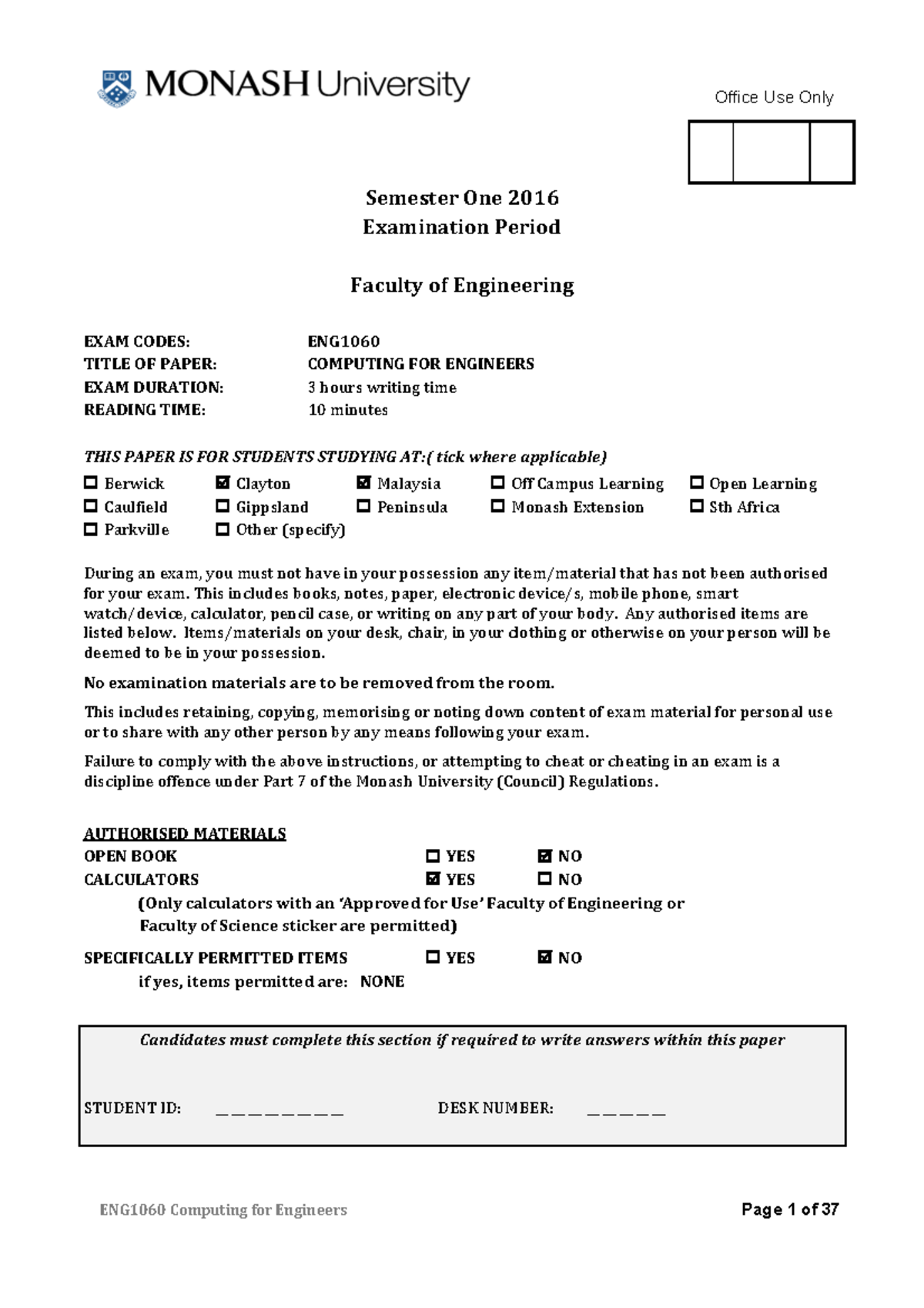 Exam January 2016, answers - ENG1060 Computing for Engineers Page 1 of ...