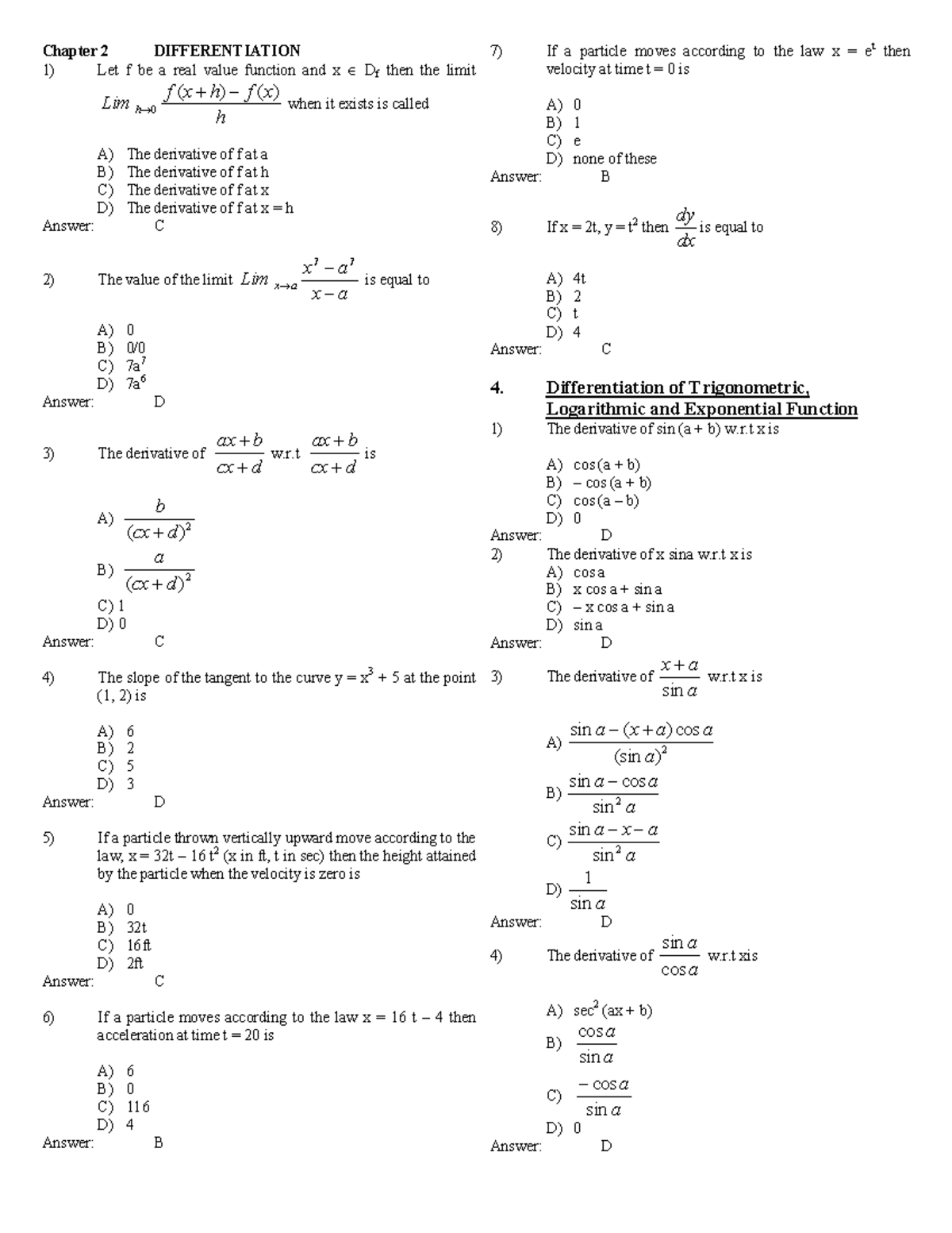 2nd year differentiation mcqs with answers - Chapter 2 DIFFERENTIATION ...