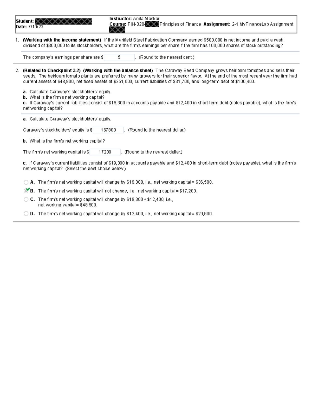 2-1 My Finance Lab Assignment - 1. 2. Student: Date: 7/10/ Instructor ...