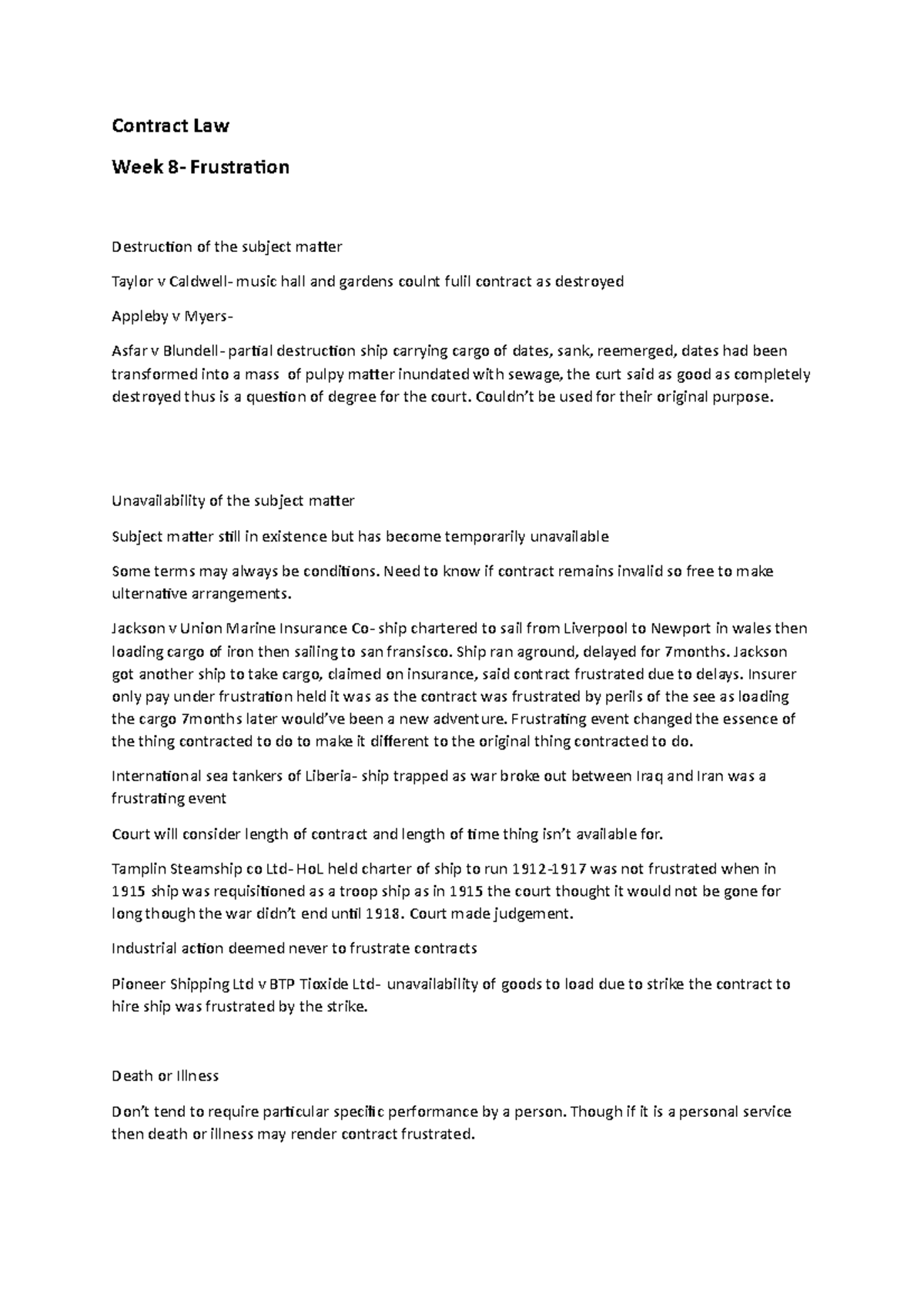 W8 frustration - Lecture notes week 8 - Contract Law Week 8 ...