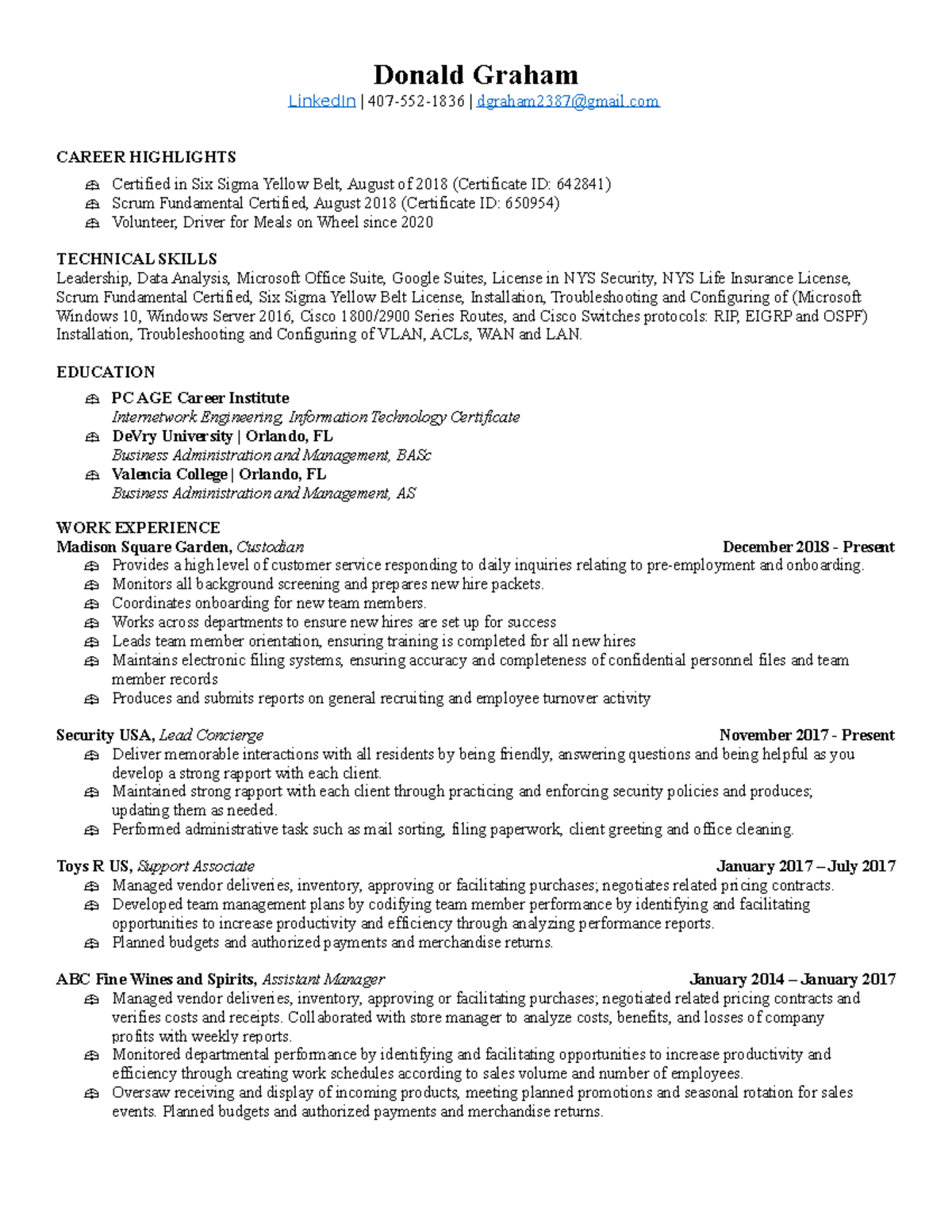 Graham, D. Resume Updated 02 - Donald Graham LinkedIn | 407-552-1836 ...