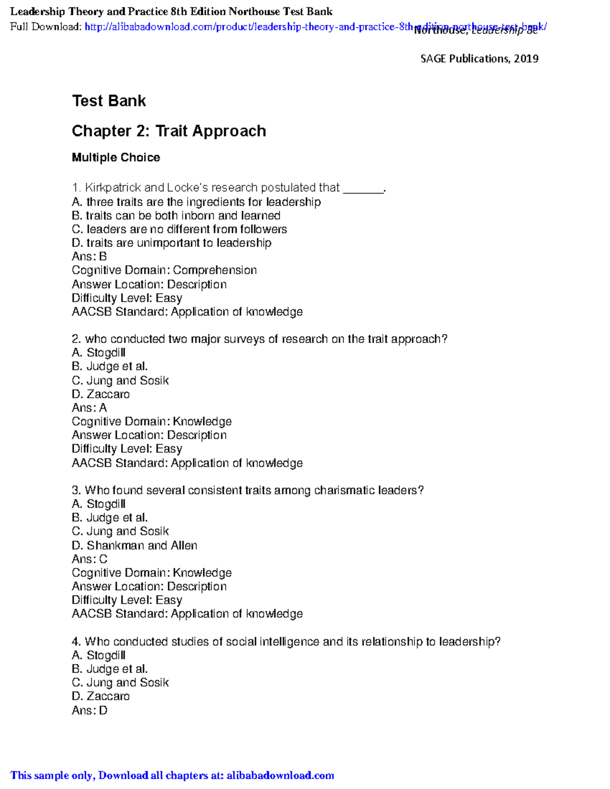 Leadership theory and practice 8th edition northouse test bank