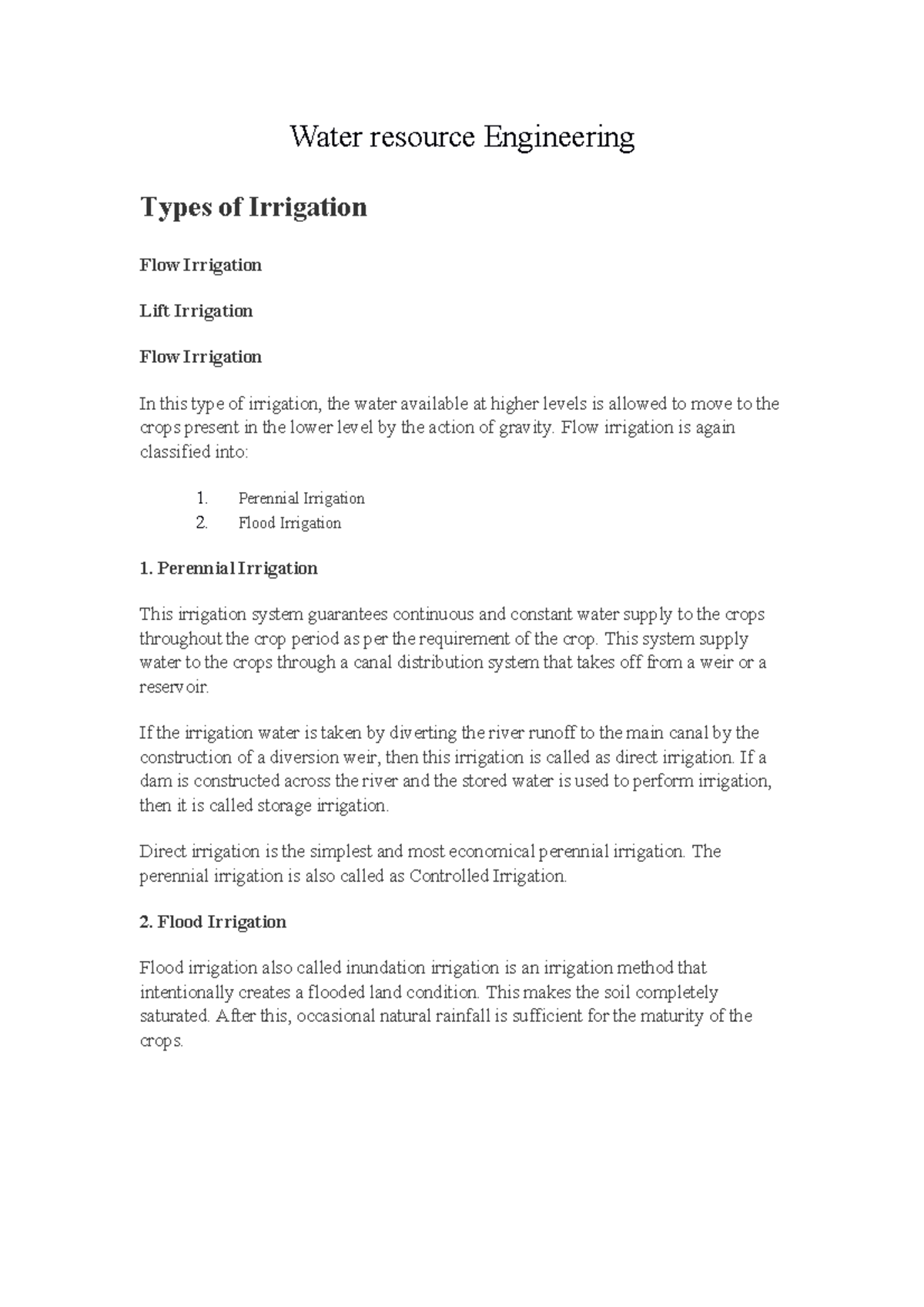 Flow,Surface and direct irrigation Water resource Engineering Types