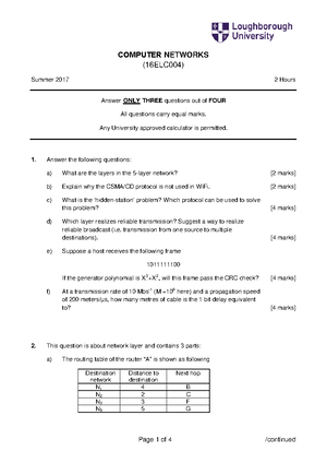 Computer Networks Exam questions - COMPUTER NETWORKS (14ELC004) June ...