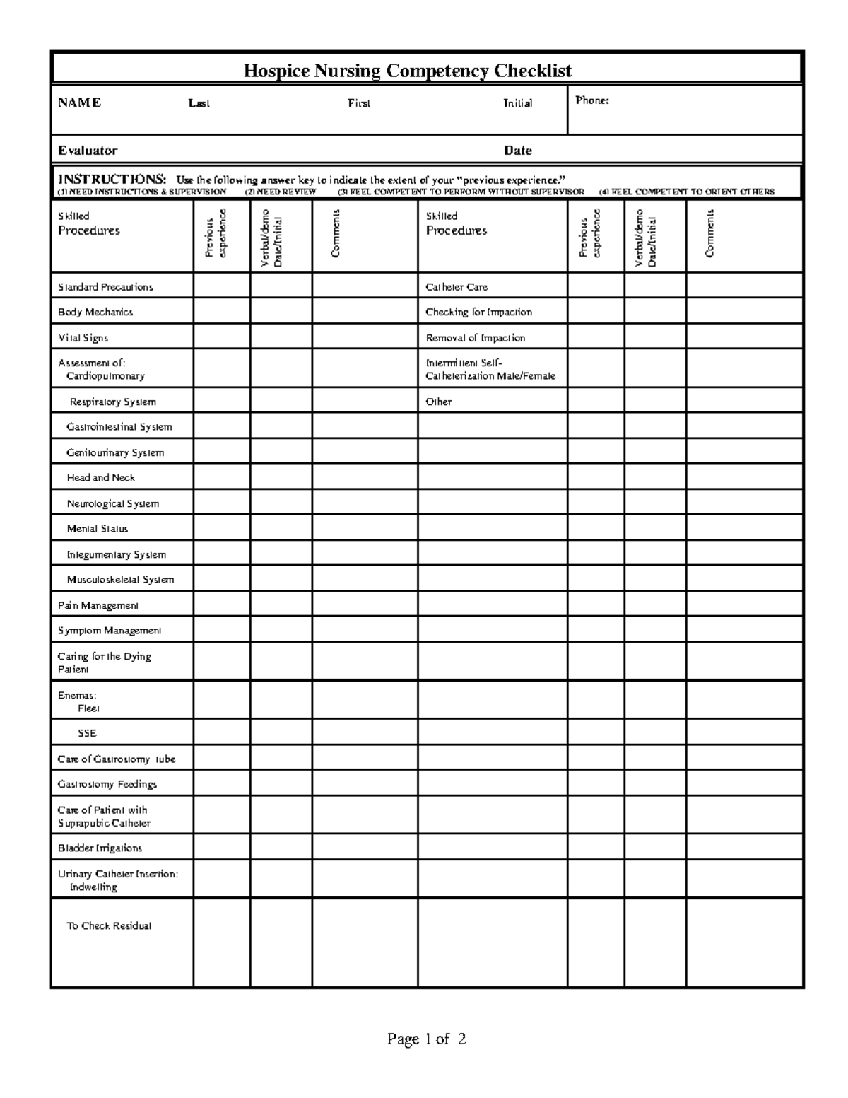 305 SN Skills Checklist - Hospice Nursing Competency Checklist NAME ...