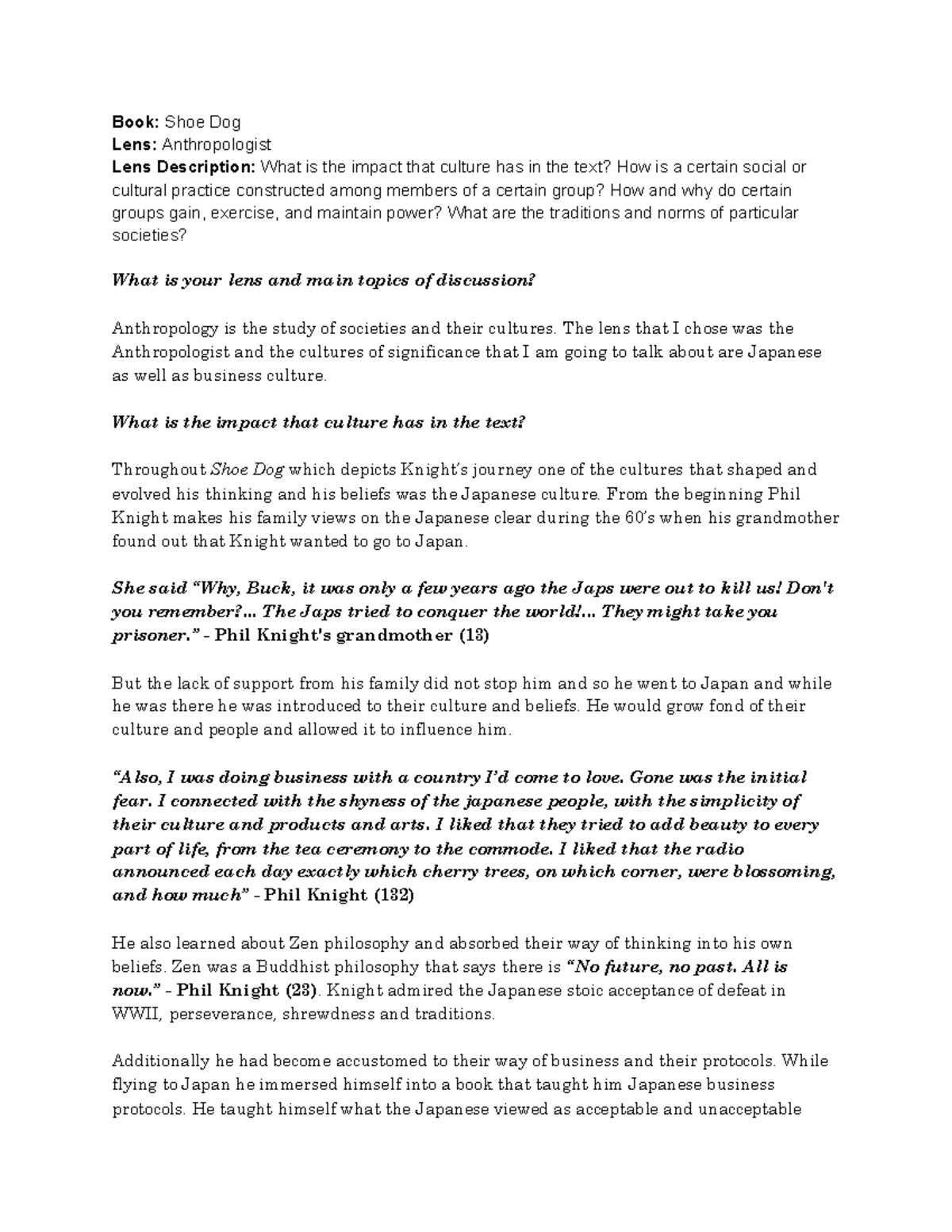Book Talk Lens Notes Shoe Dog Phil Knight Book Shoe Dog Lens Anthropologist Lens Studocu