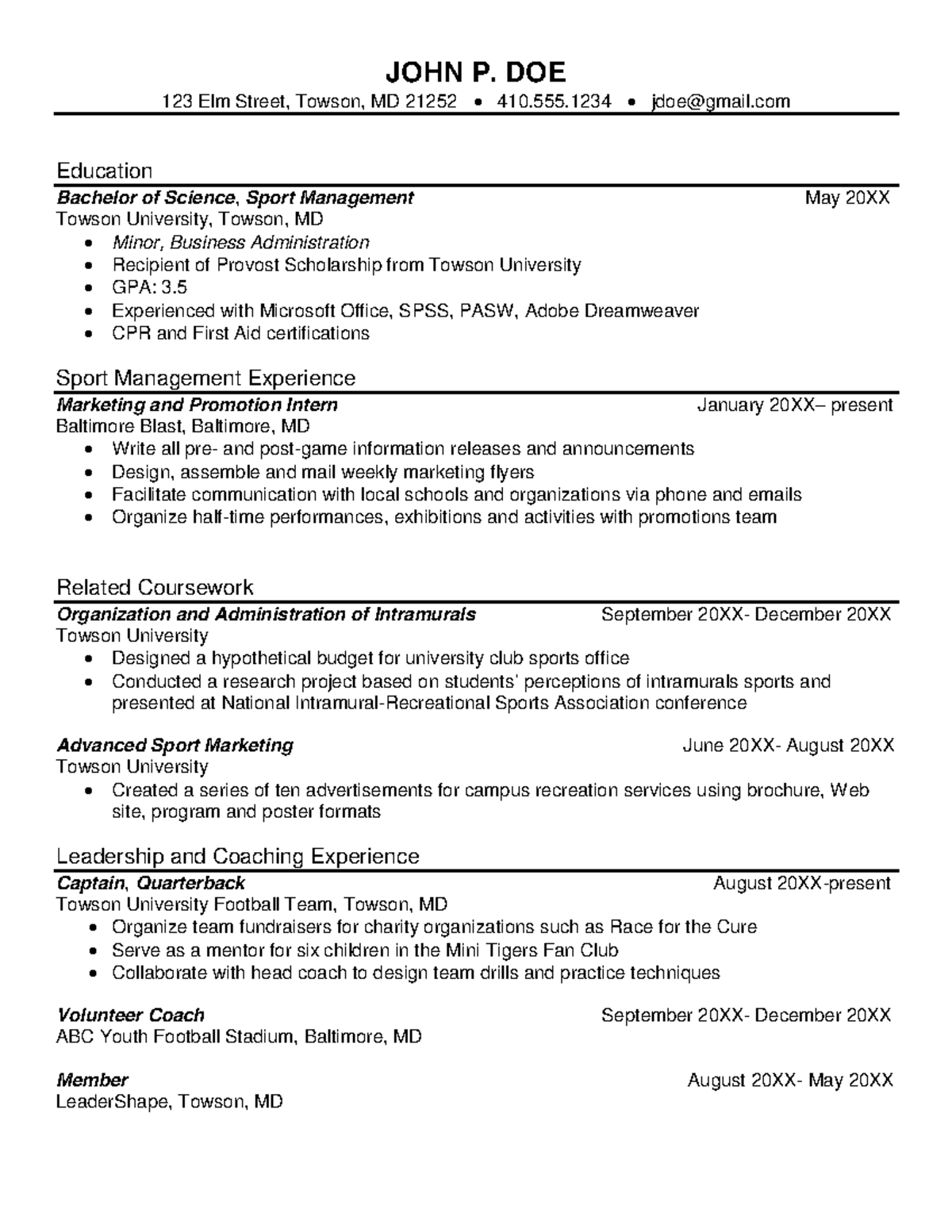 Sample resume sport management - JOHN P. DOE 123 Elm Street, Towson, MD ...