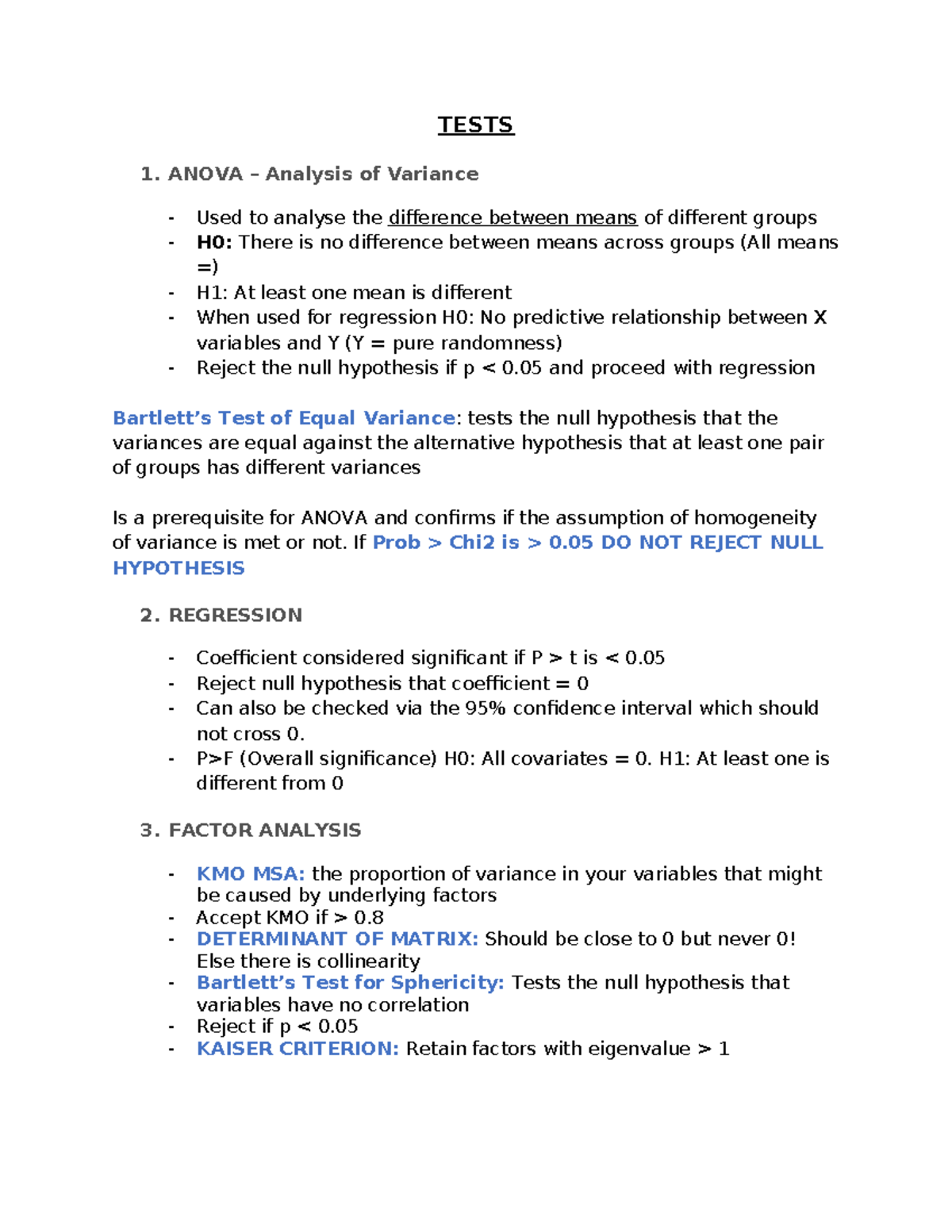 Applications Cheat Sheet - TESTS ANOVA – Analysis of Variance Used to ...