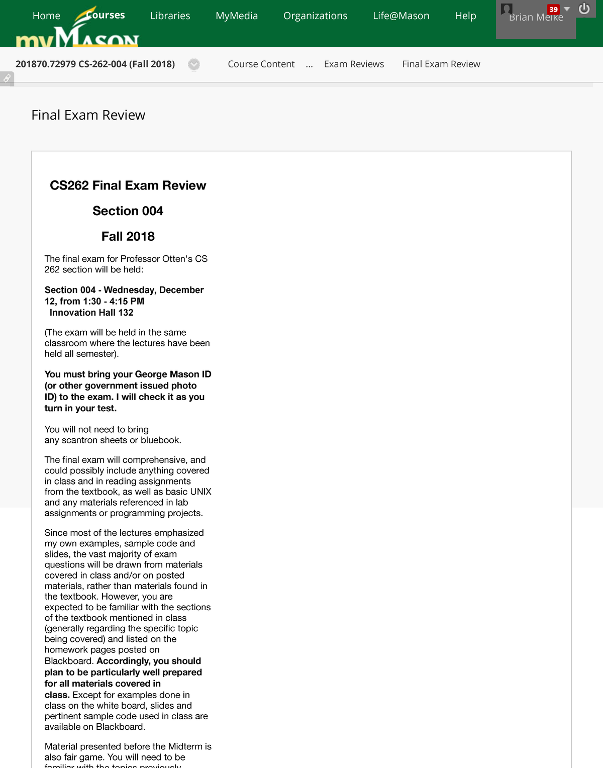 CS262 Final Exam Outline - 201870 CS-262-004 (Fall 2018) Course Content ...