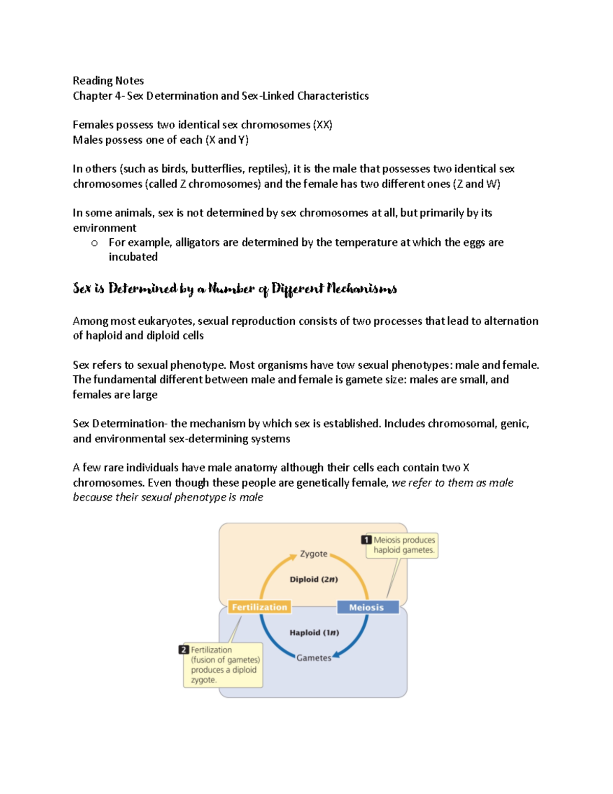 Sex Determination And Sex Linked Characteristics Reading Notes Chapter 4 Sex Determination