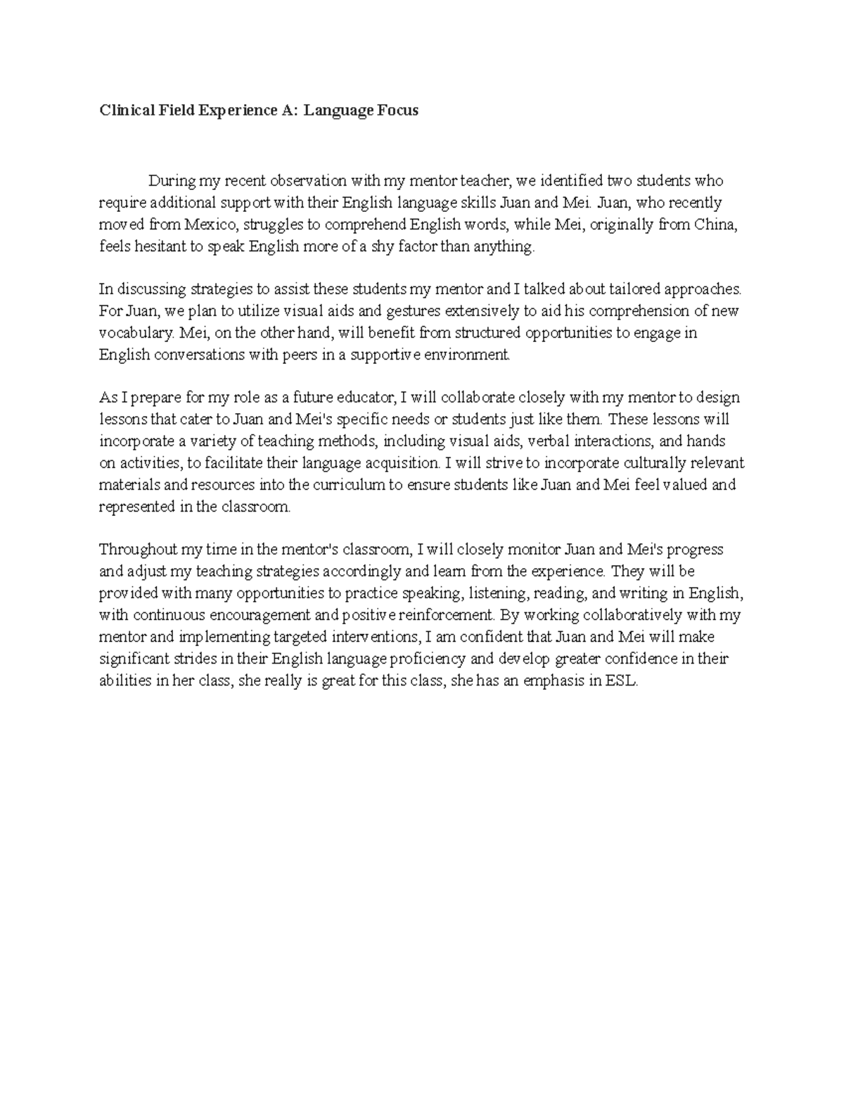 CFE part A-ESL 440 - assignment for 440N - Clinical Field Experience A ...