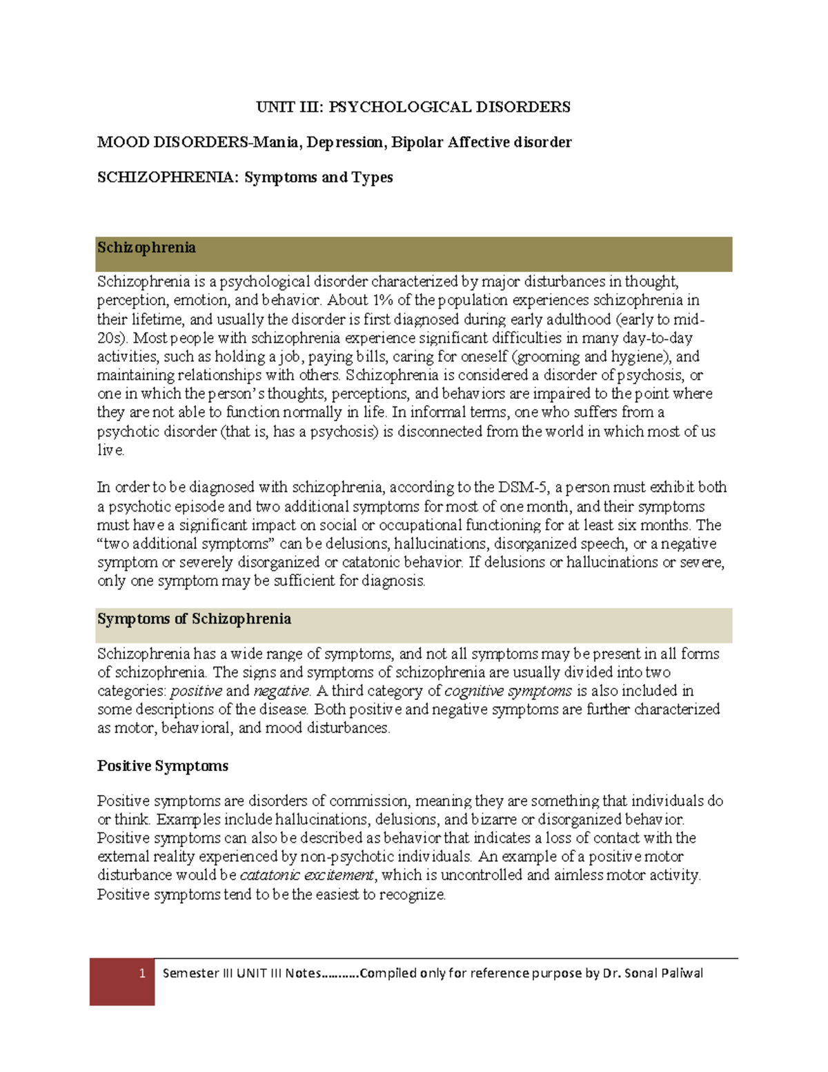 Sem III Unit III notes - UNIT III: PSYCHOLOGICAL DISORDERS MOOD ...
