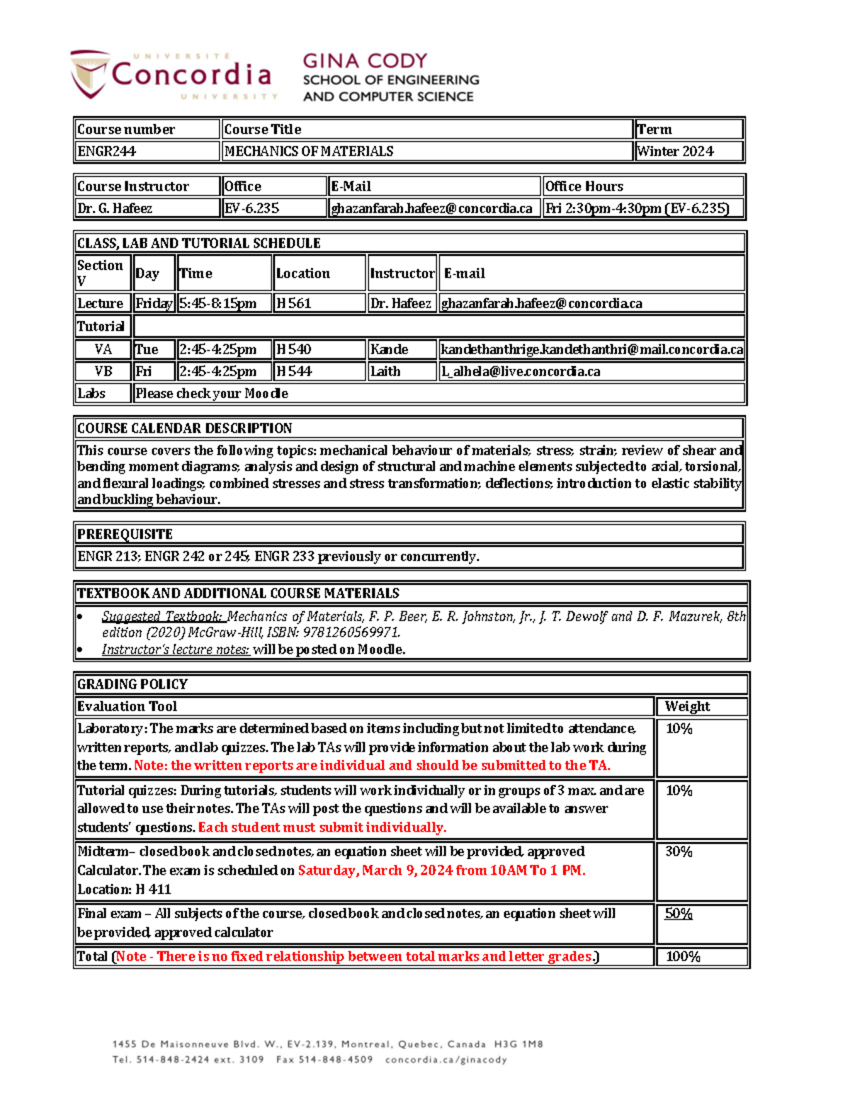 Course outline Winter 2024 - Course number Course Title Term ENGR244 ...