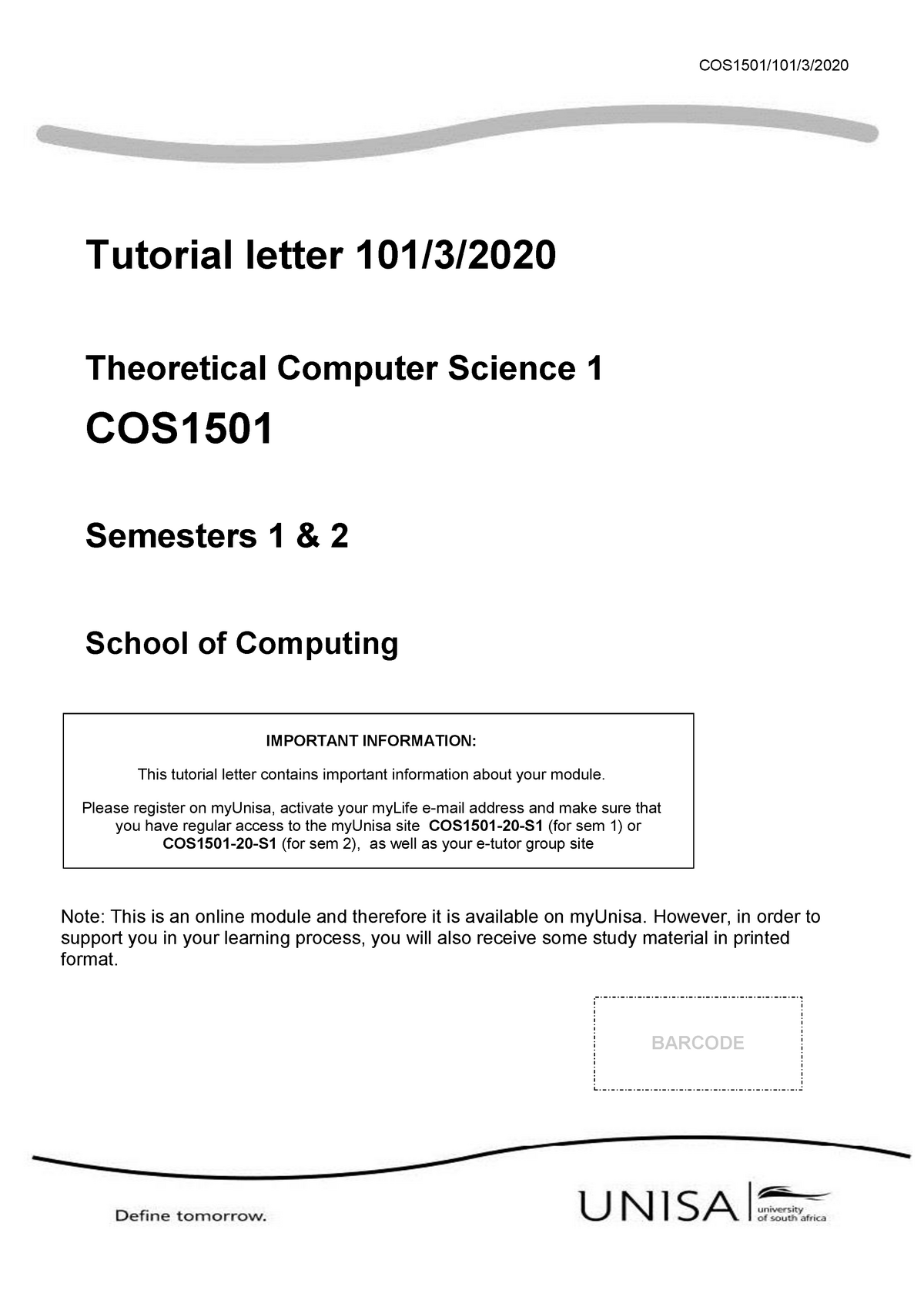 CO1501 Tut Letter - Lecturers Notes - COS1501/101/3/ Tutorial Letter ...