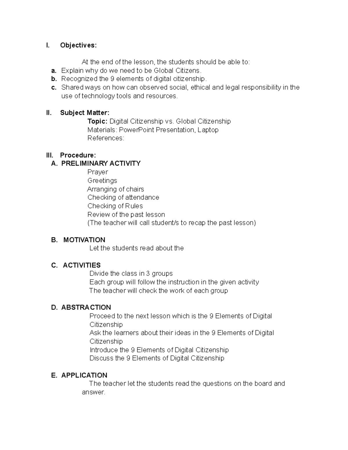 Lesson plan profed 608 - this file is helpful. - I. Objectives: At the ...