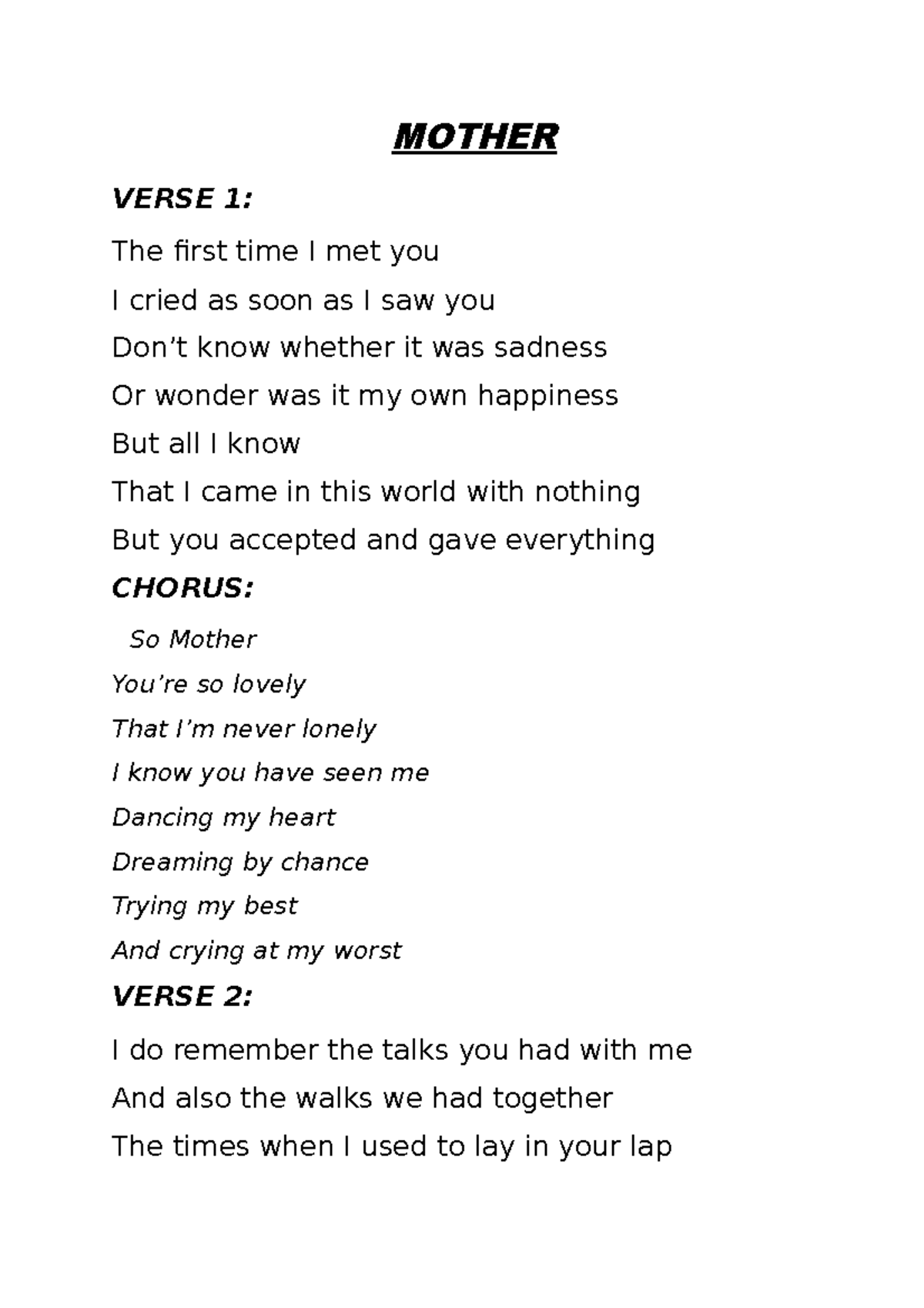 Mother Song - Music - MOTHER VERSE 1: The first time I met you I cried ...