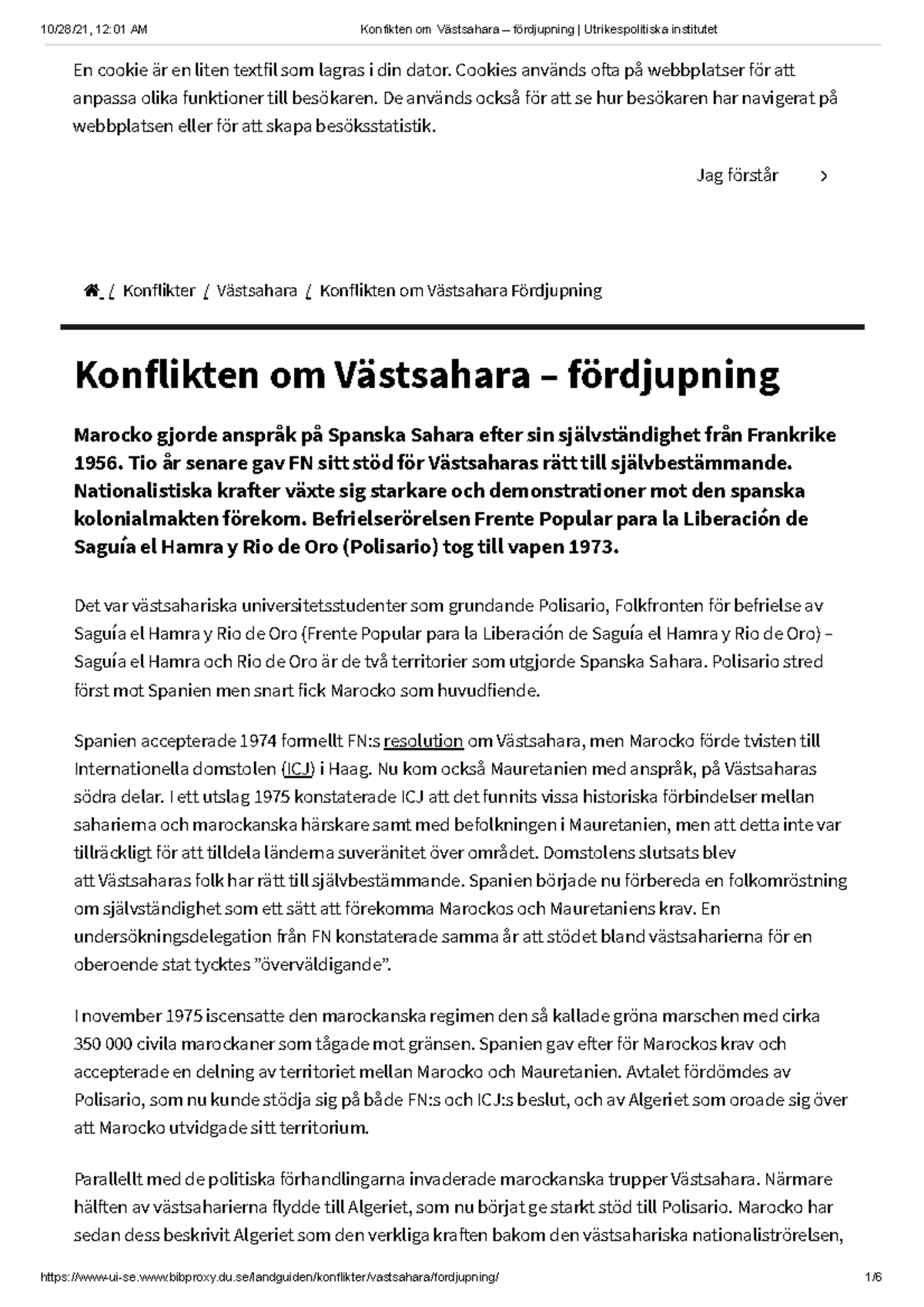 Konfikten Om Västsahara – Fördjupning Utrikespolitiska Institutet - En ...