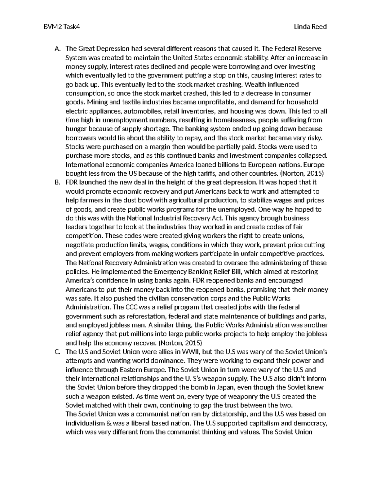 BVM2 Task 4 - task 4 - BVM2 Task4 Linda Reed A. The Great Depression ...