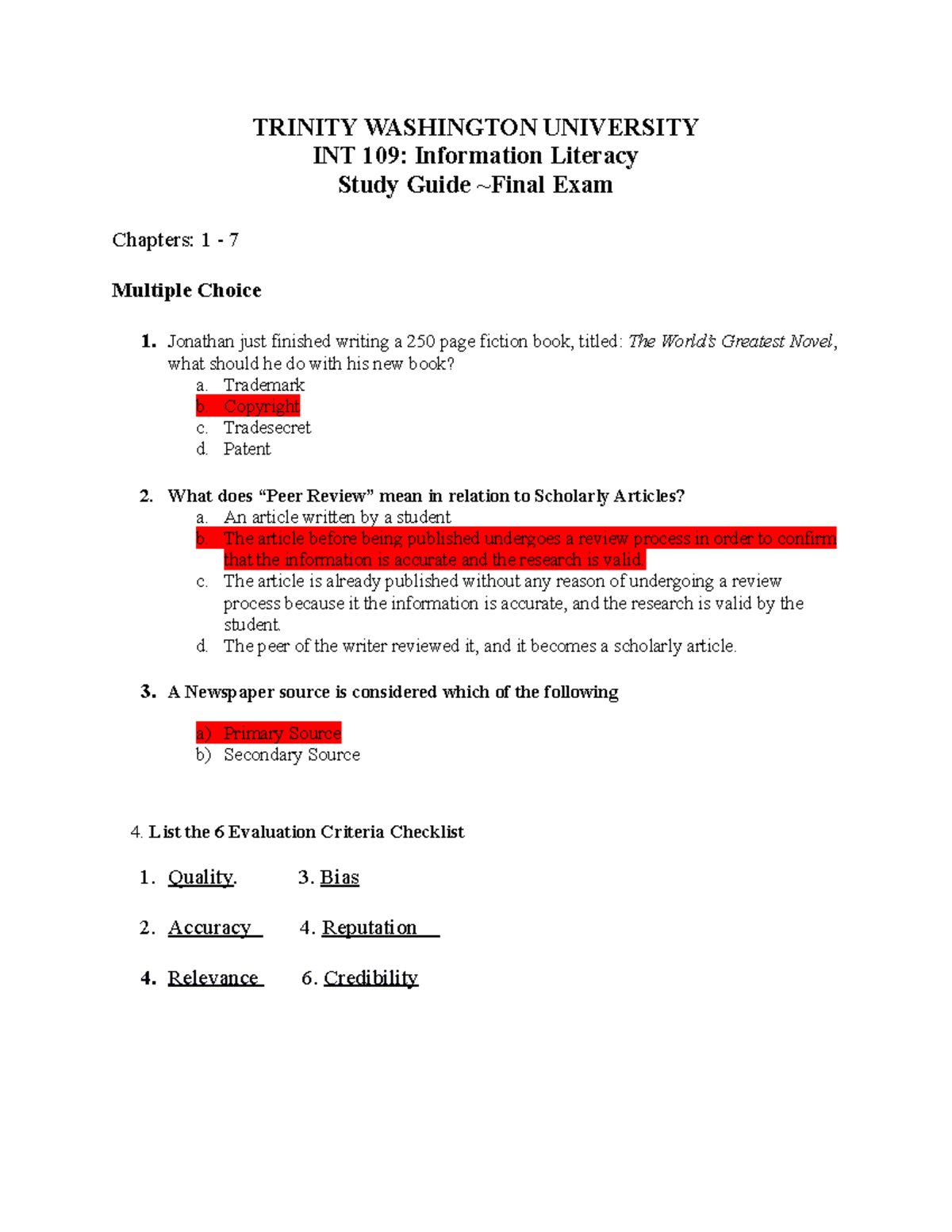 INT109- Final Exam Study Guide - TRINITY WASHINGTON UNIVERSITY INT 109 ...