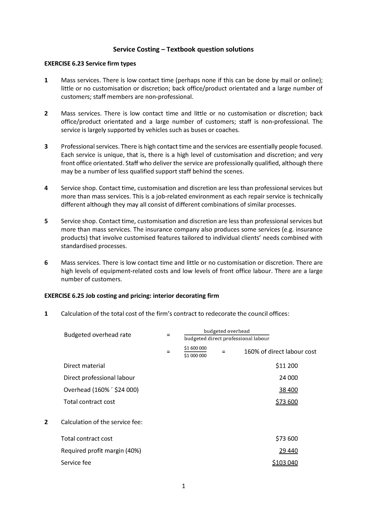 assignment on service costing