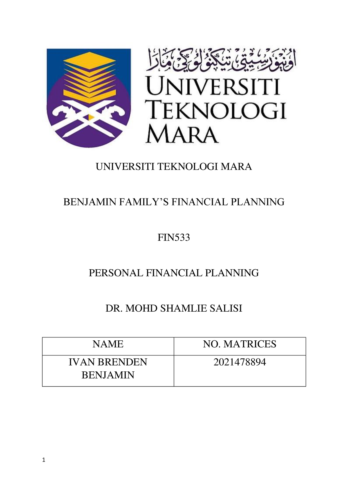 Individual Assignment FIN533 - UNIVERSITI TEKNOLOGI MARA BENJAMIN ...