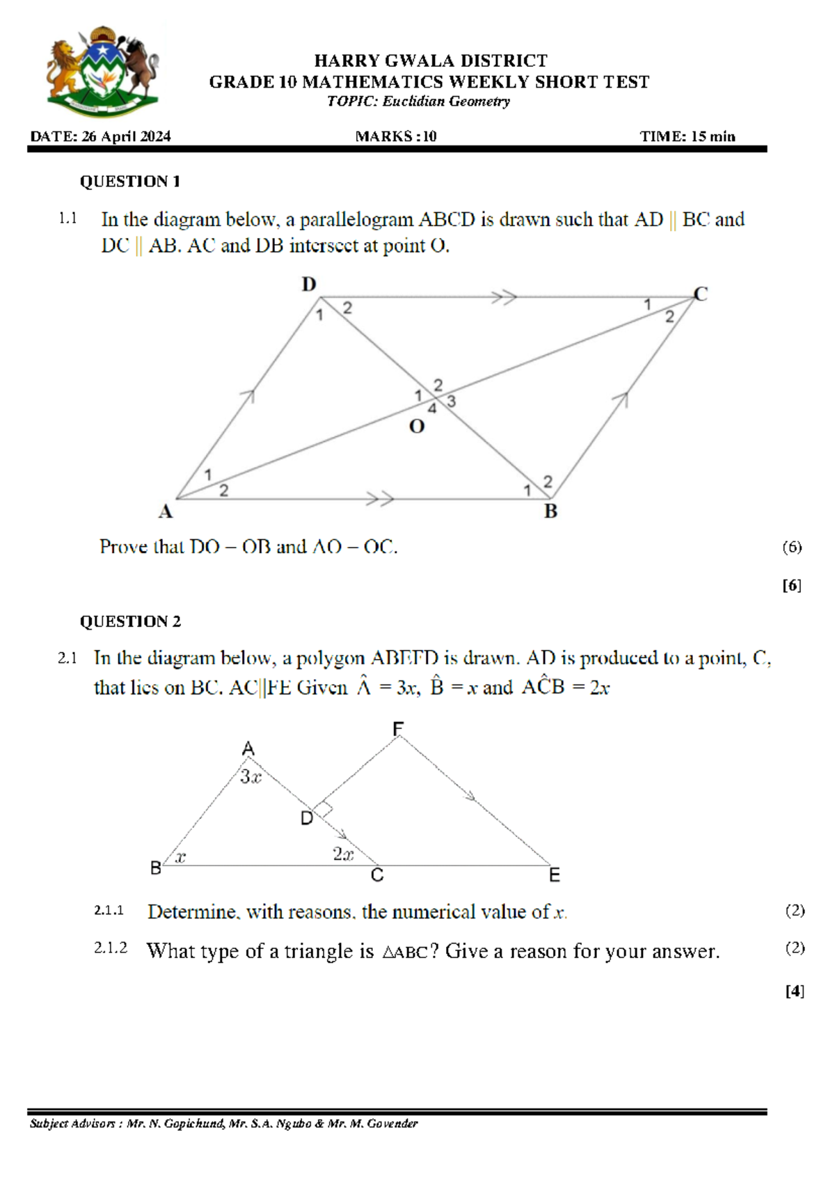 26 April 2024 - Euclidian Geometry ( GR 10 Test ) - HARRY GWALA ...