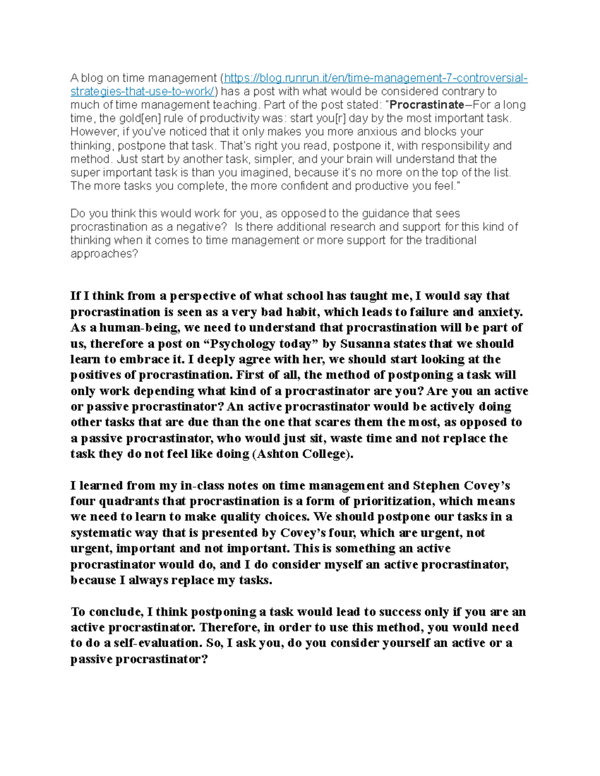 Time management discussion A blog on time management Studocu