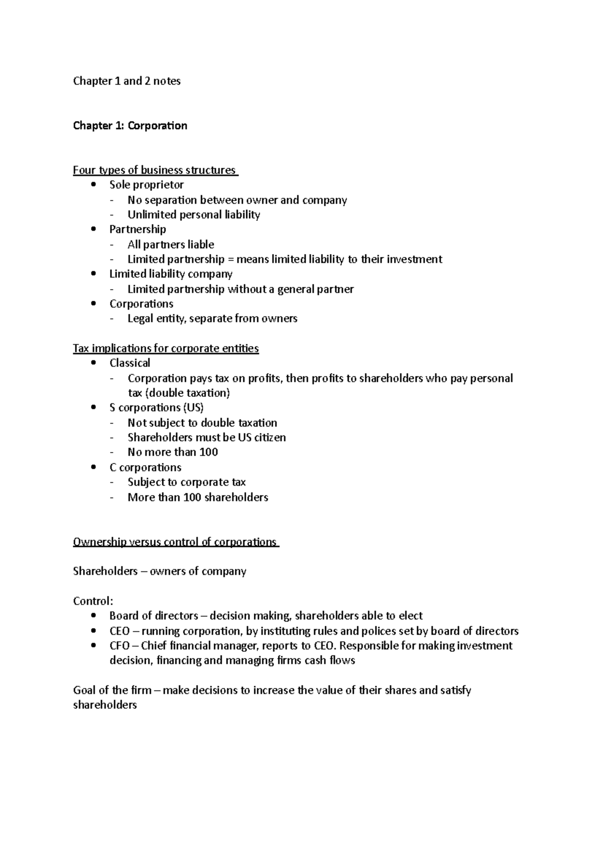 Chapter 1 and 2 notes - Chapter 1 and 2 notes Chapter 1: Corporation ...