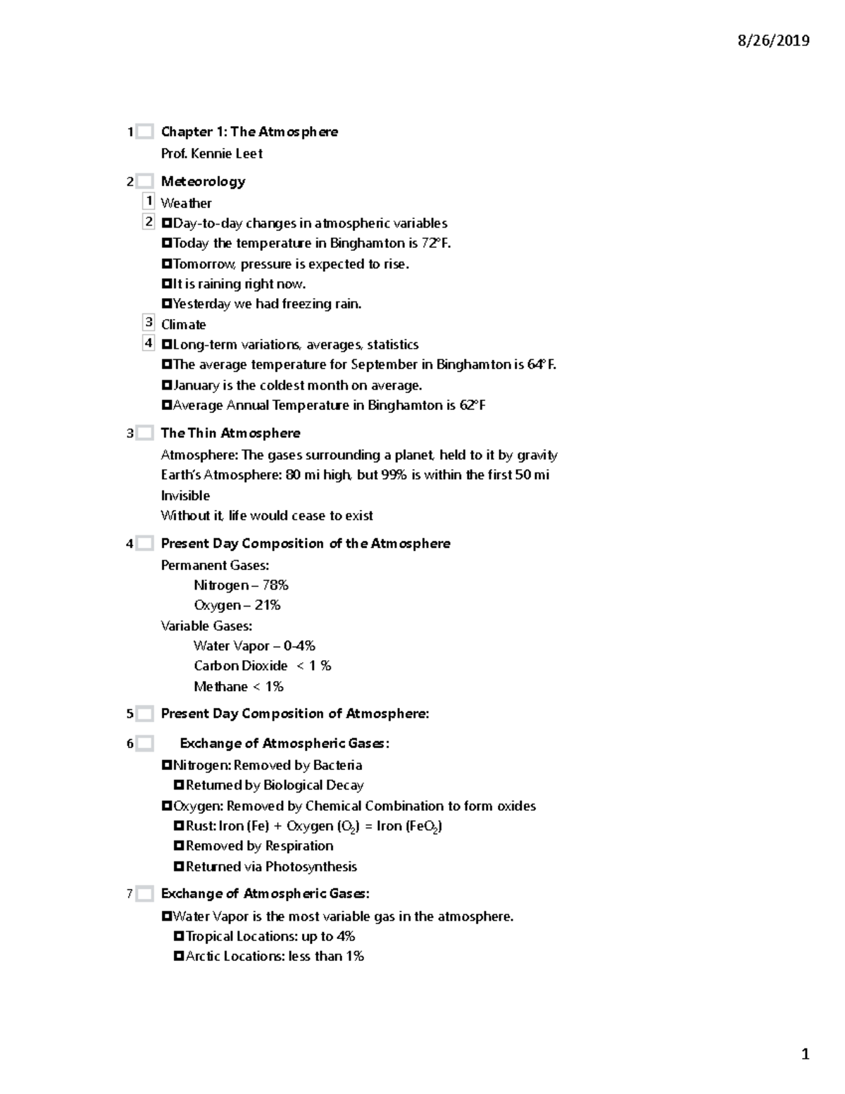 Chapter 1 intro atmospheric science - ϭ Chapter 1: The Atmosphere Prof ...
