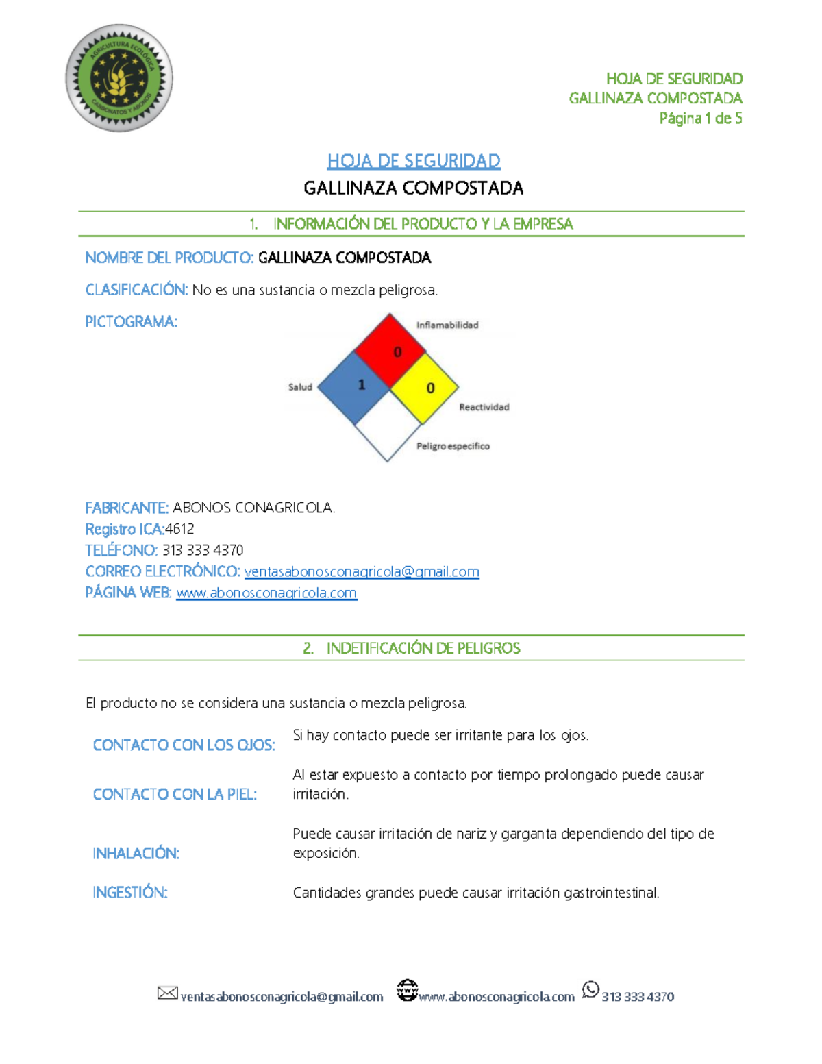 FDS Gallinaza - hgfd - GALLINAZA COMPOSTADA Página 1 de 5 HOJA DE ...