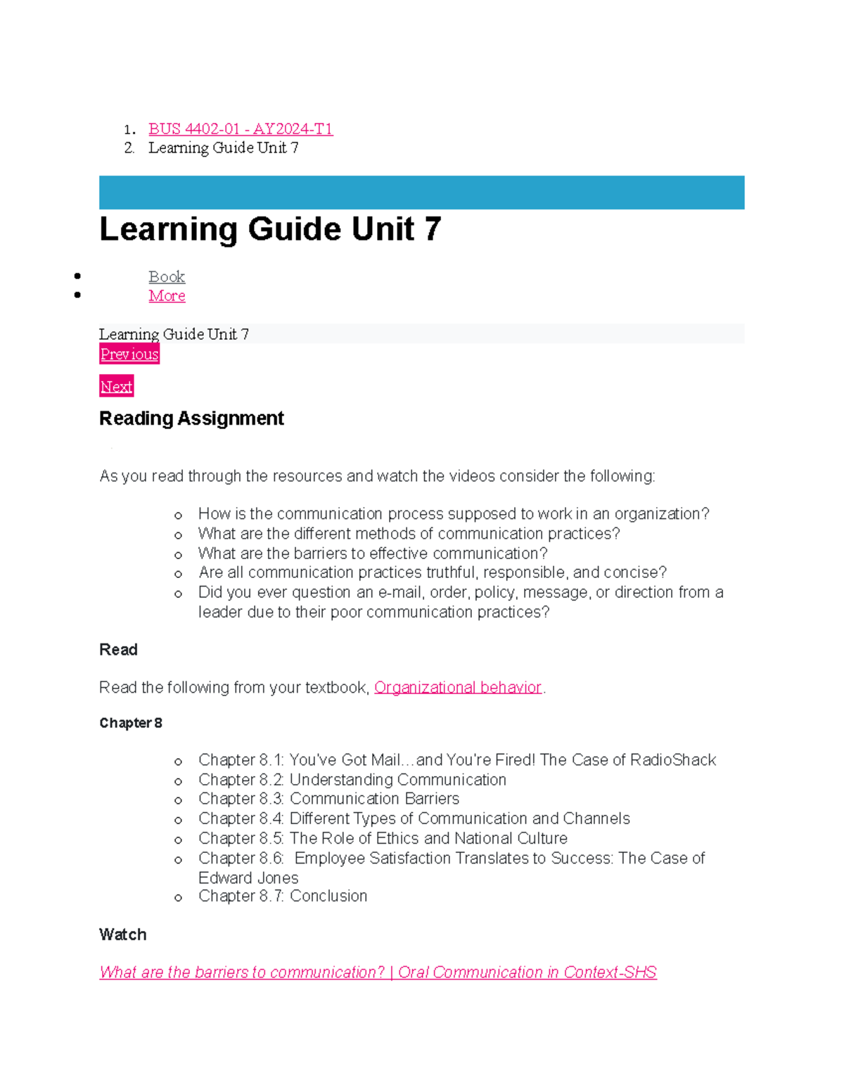 BUS 4402 Unit 7 Learning Guide - 1. BUS 4402-01 - AY2024-T 2. Learning ...