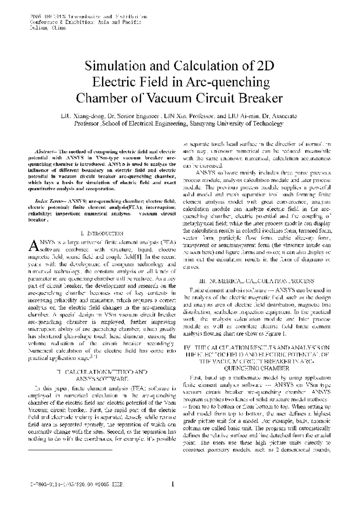 Simulation and Calculation of 2D Electric Field in Arcquenching