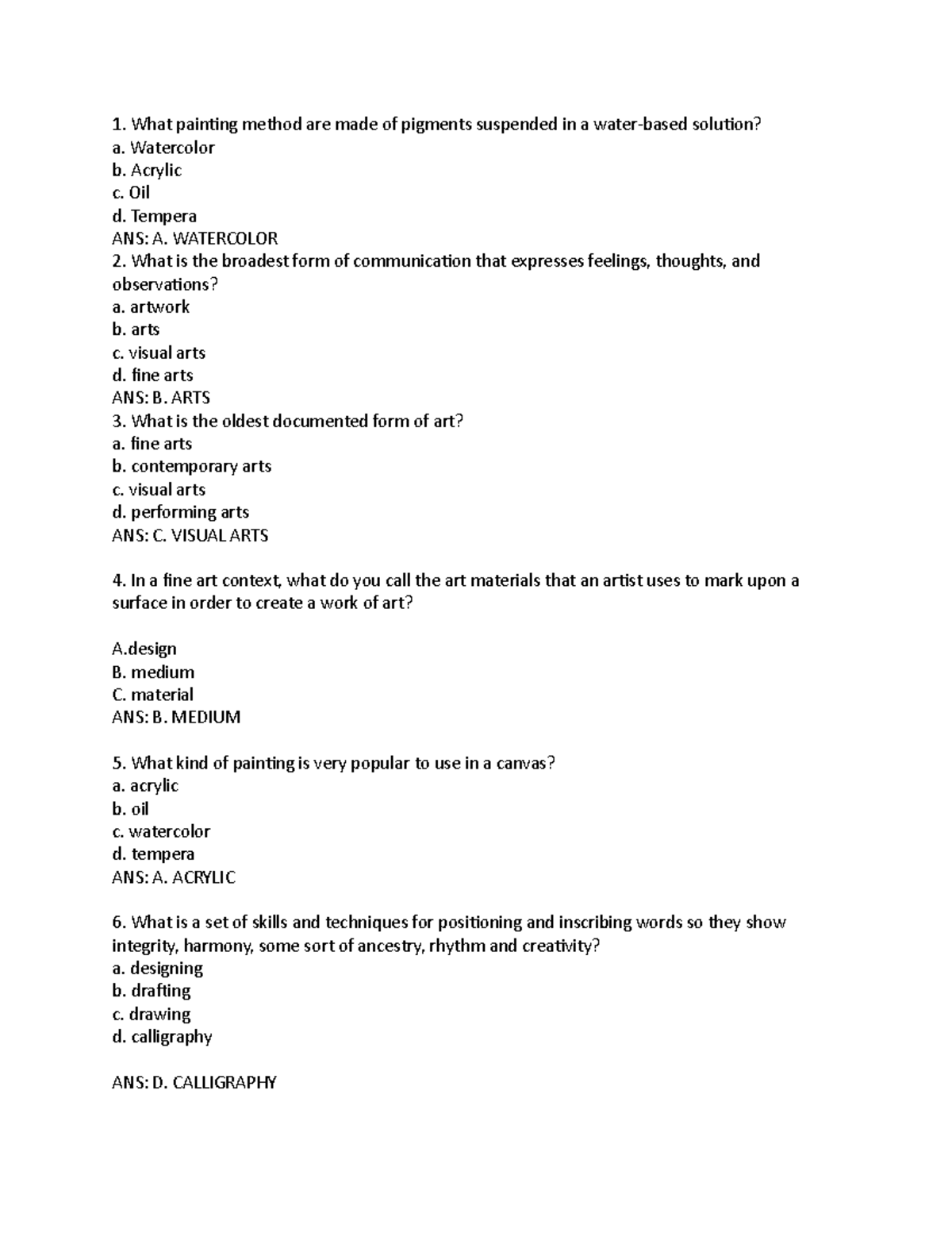 Reading Visual ARTS QUIZ - What painting method are made of pigments ...