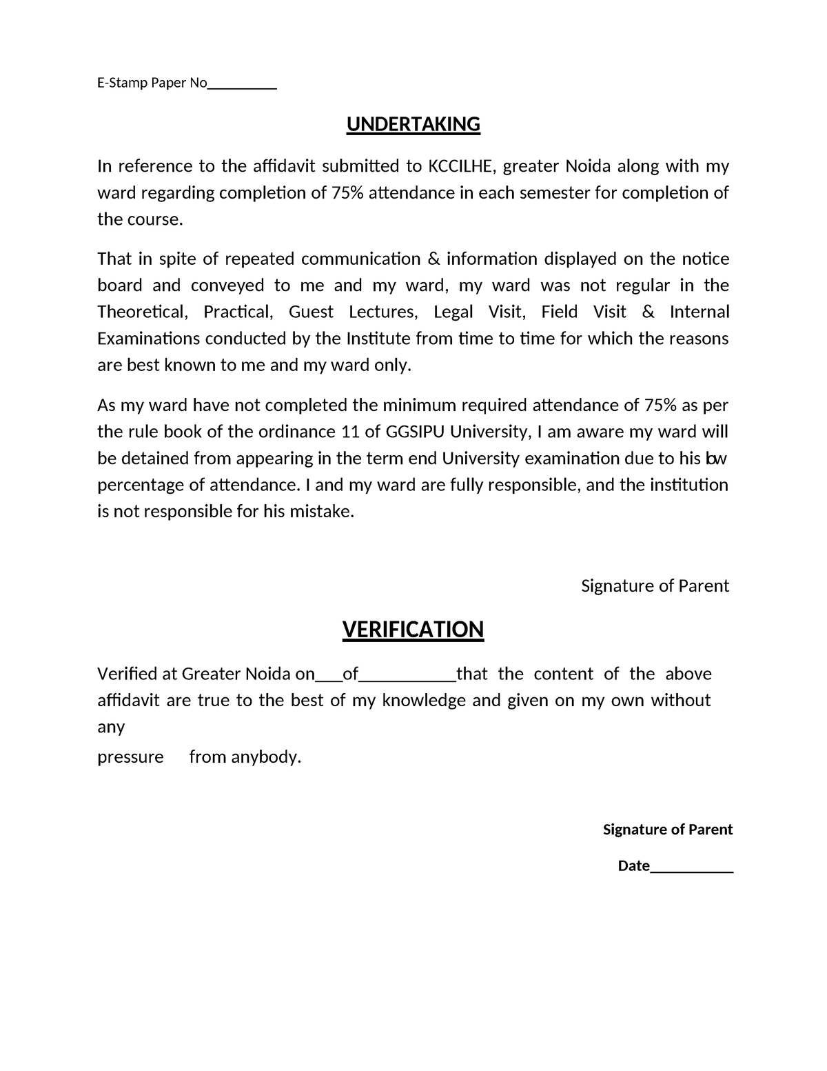 Attendance Affidavit - E-Stamp Paper No UNDERTAKING In reference to the ...