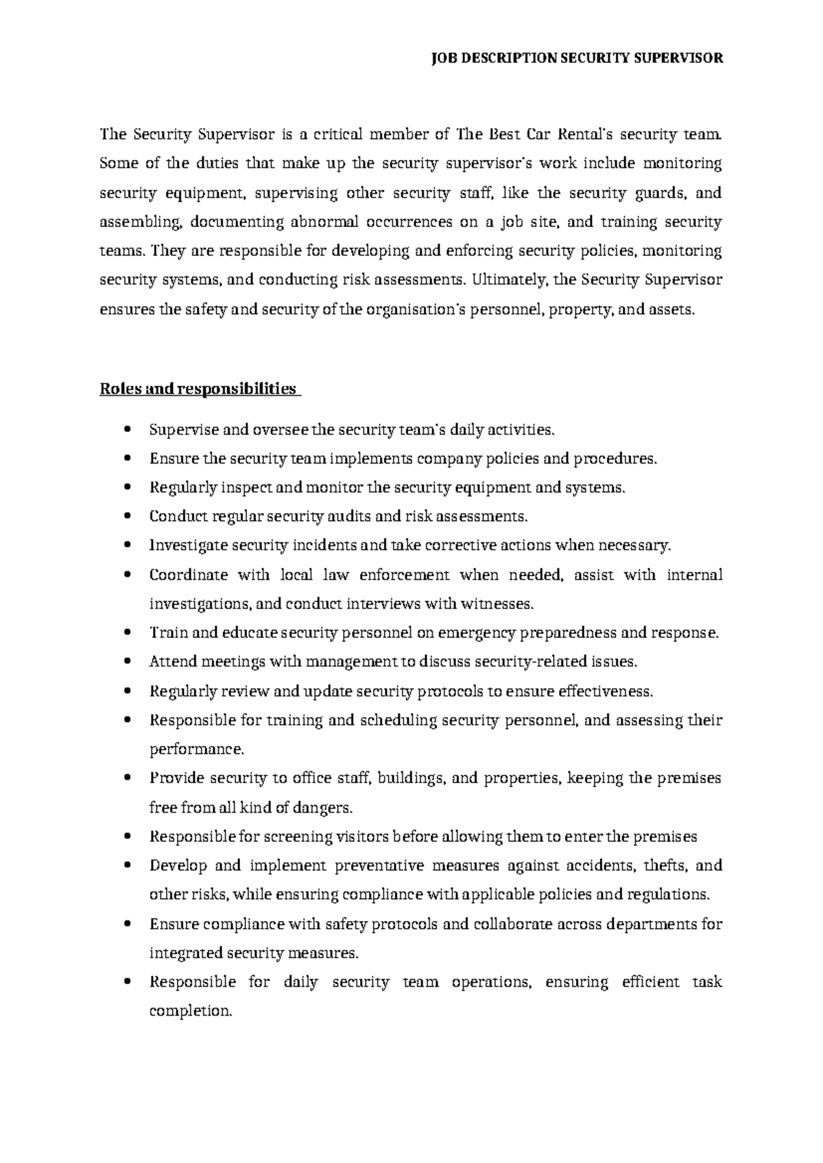 Security Supervisor Job Description JOB DESCRIPTION SECURITY