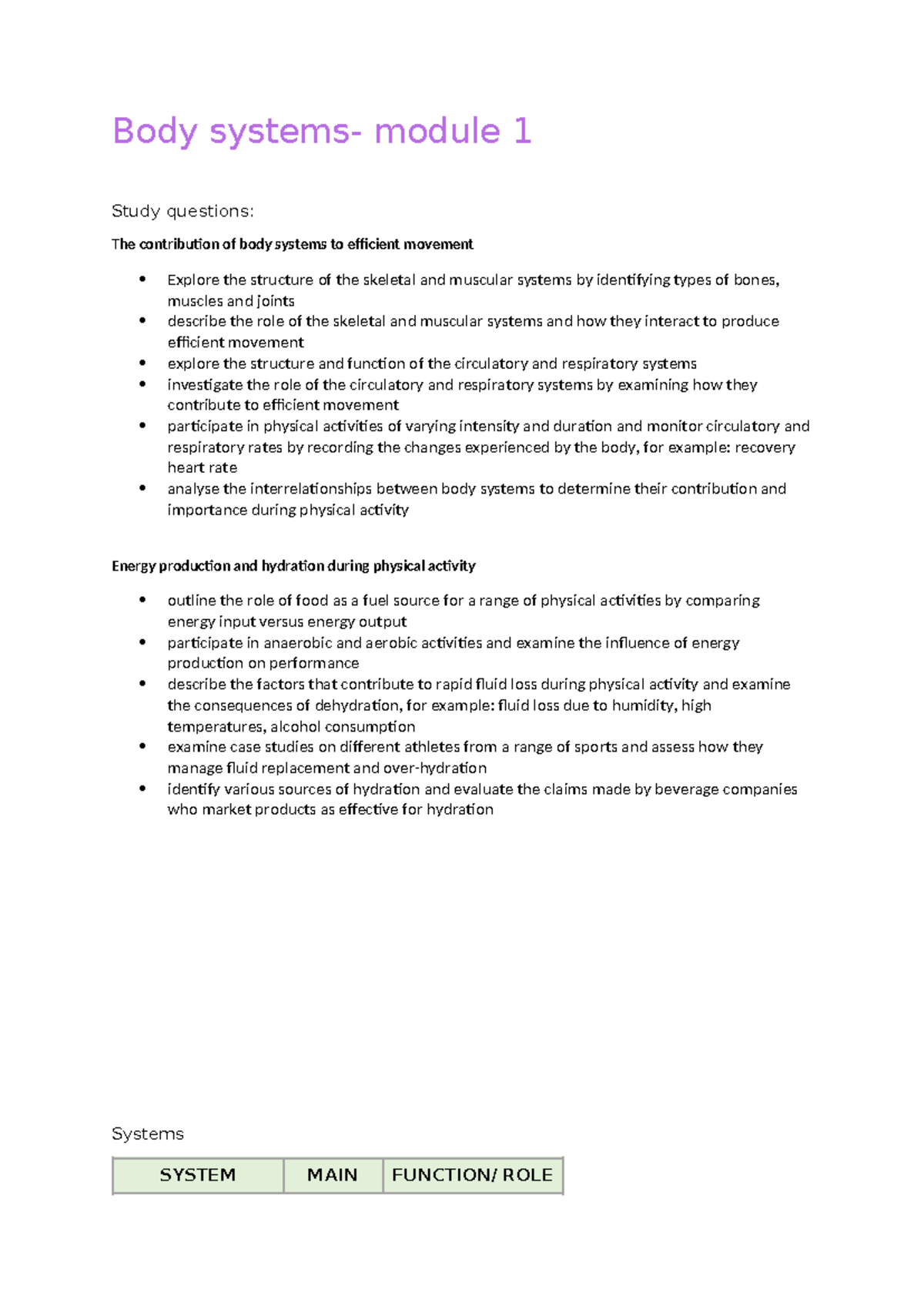 Study Notes - Helpful for Final Exam Review - Body systems- module 1 ...