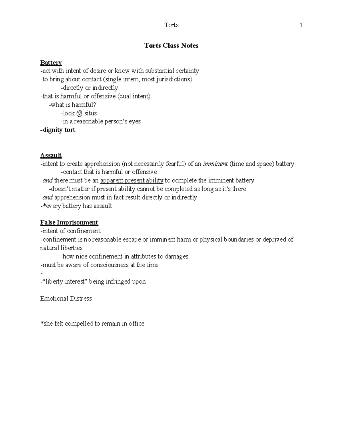 Battery and Assault - Torts 1 Torts Class Notes Battery -act with ...
