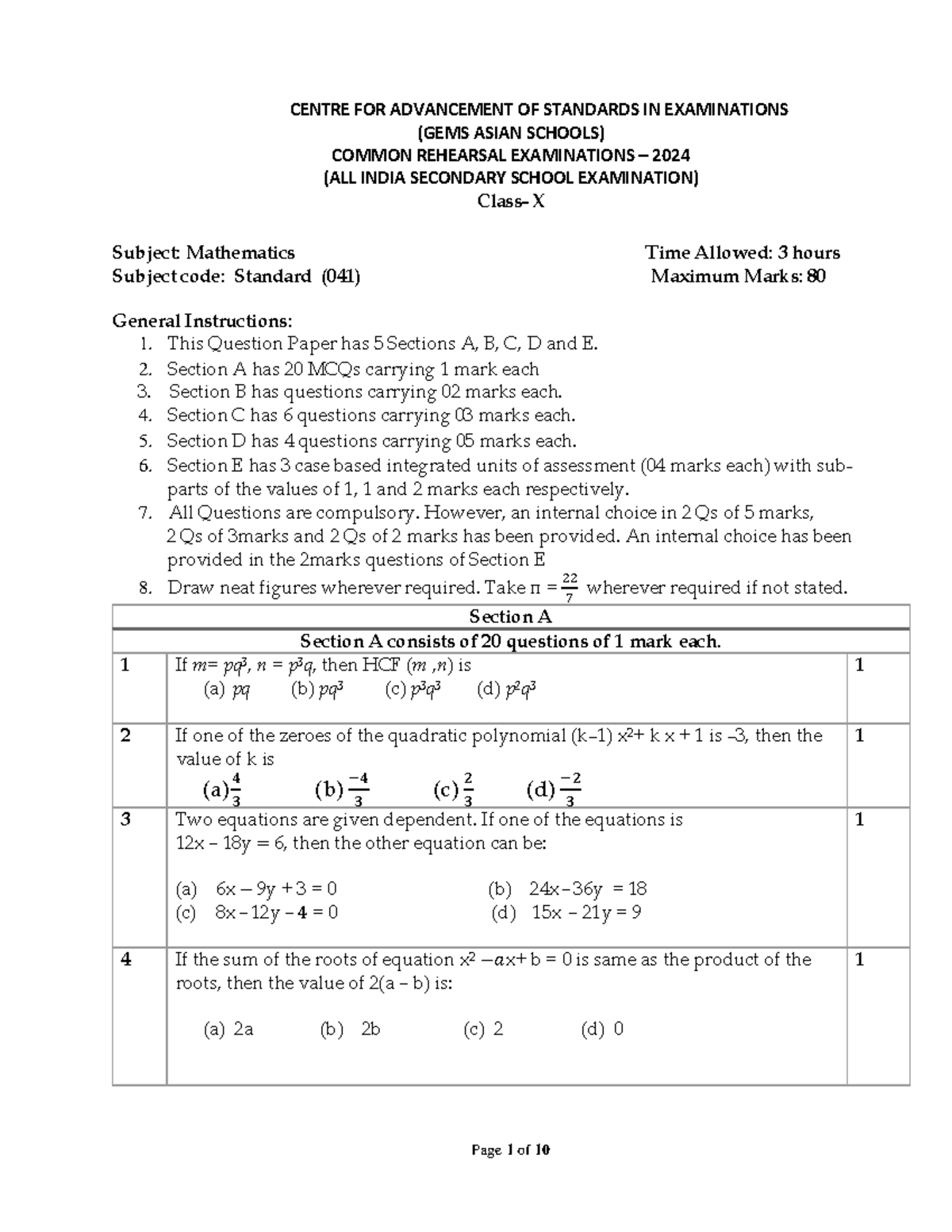 CASE MATH Standard QP 2023-24 - CENTRE FOR ADVANCEMENT OF STANDARDS IN ...