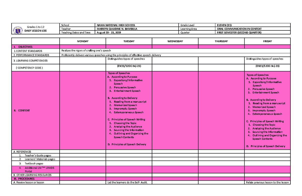 DLL (August 19) - Reference - Grades 1 to 12 DAILY LESSON LOG School ...