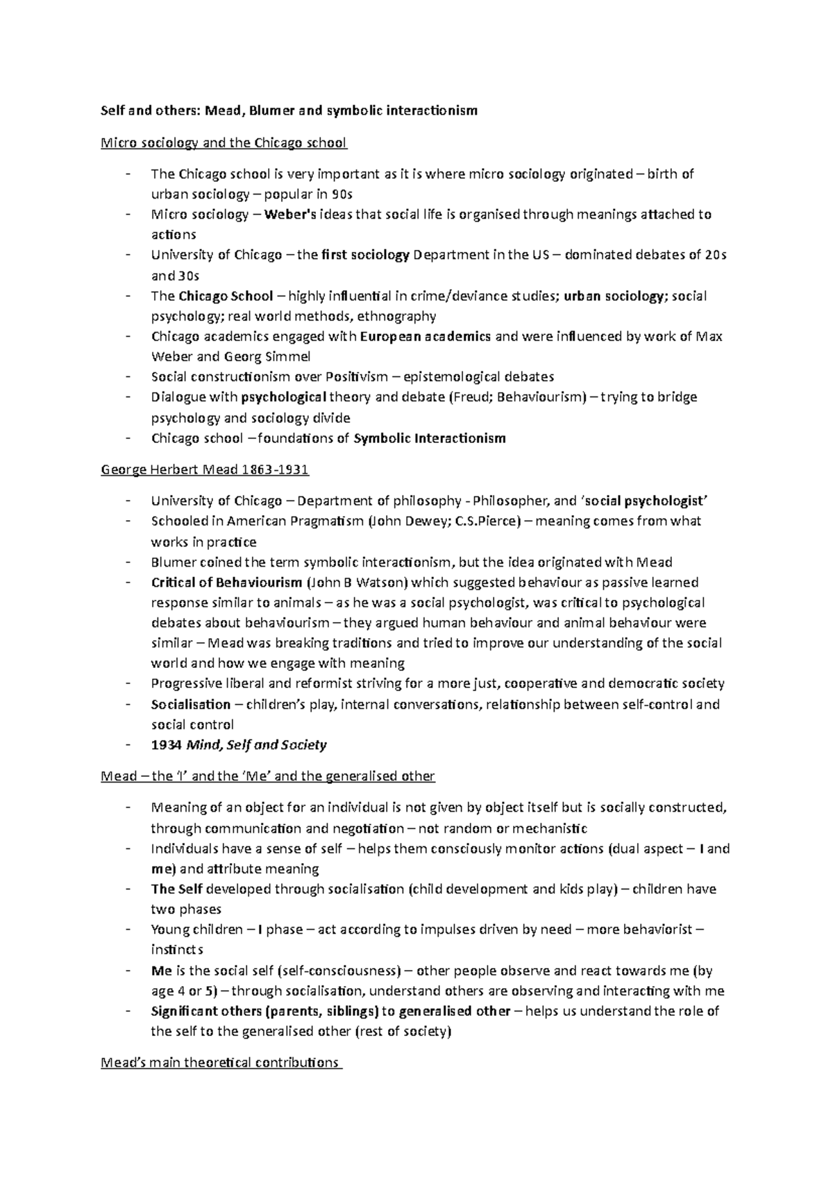 Lecture 7 Self and others - Self and others: Mead, Blumer and symbolic ...