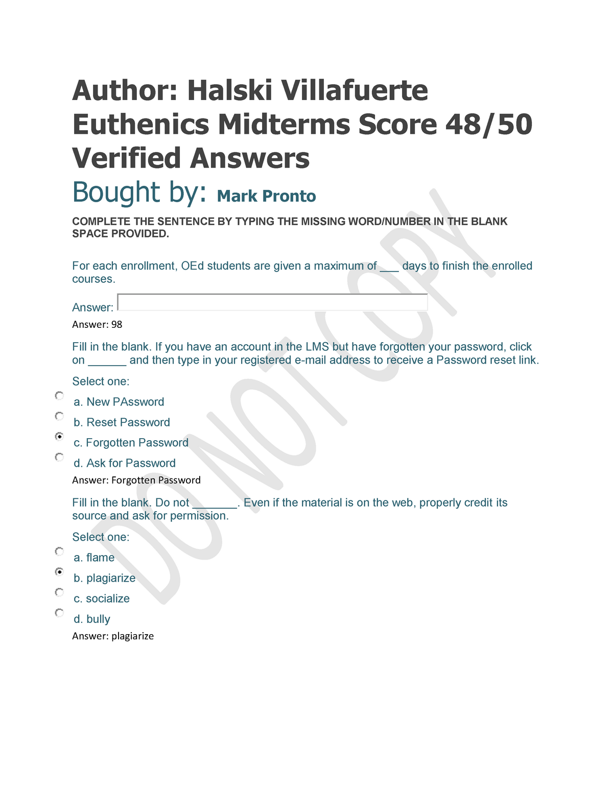 Euthenics-Midterms-Score-48 50-Verified-Answers - Author: Halski ...