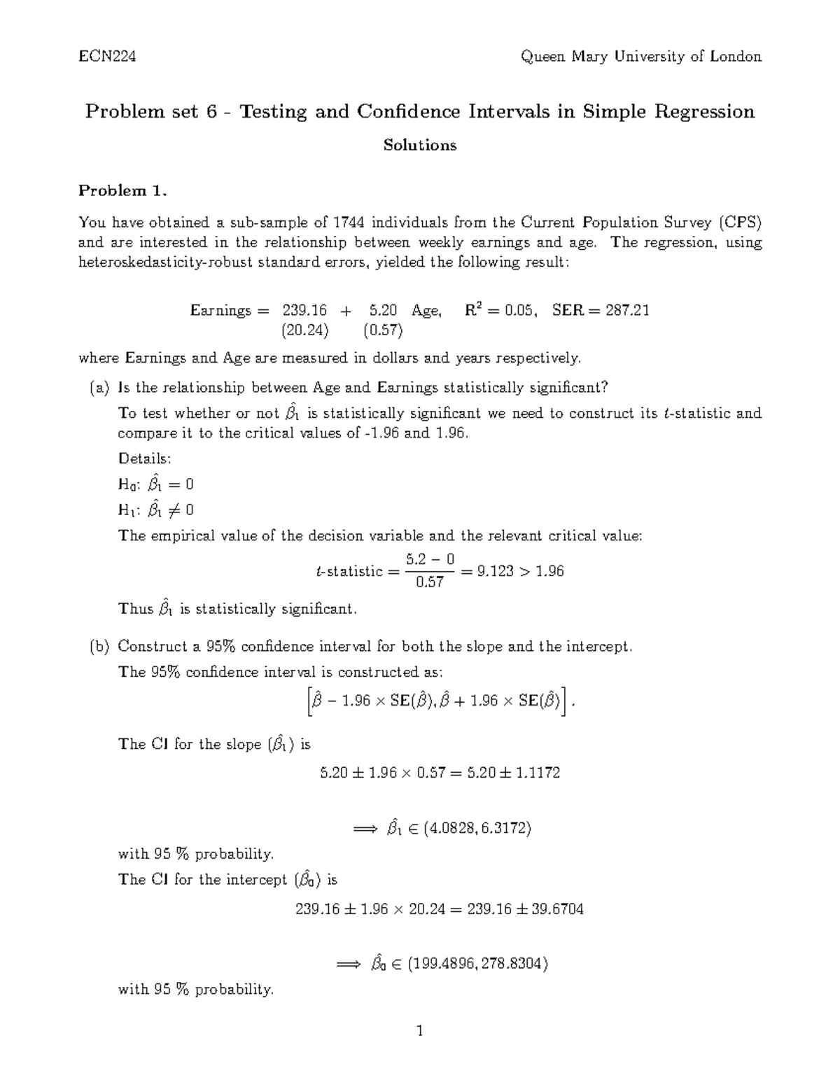 PS6 Solutions EconoMetrics - ECN224 Queen Mary University Of London ...