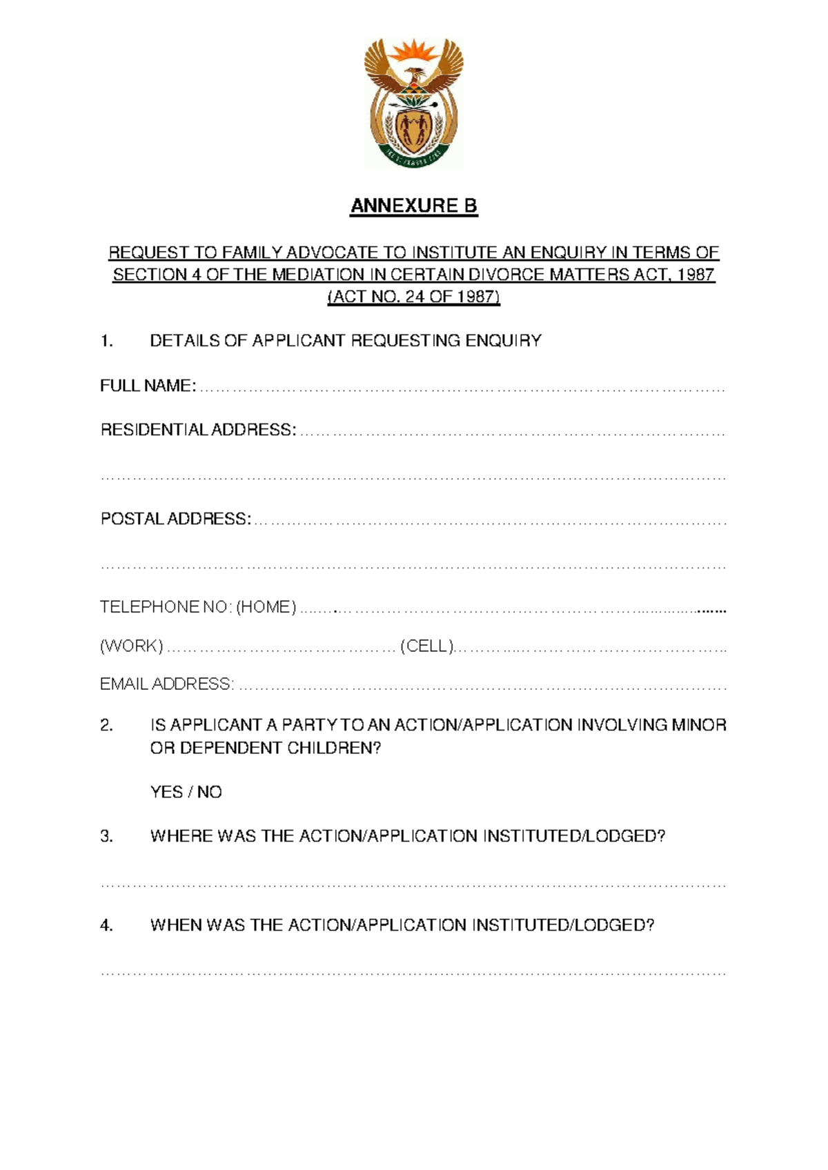 Section 4 Family Advocate Enquiry - ANNEXURE B REQUEST TO FAMILY ...