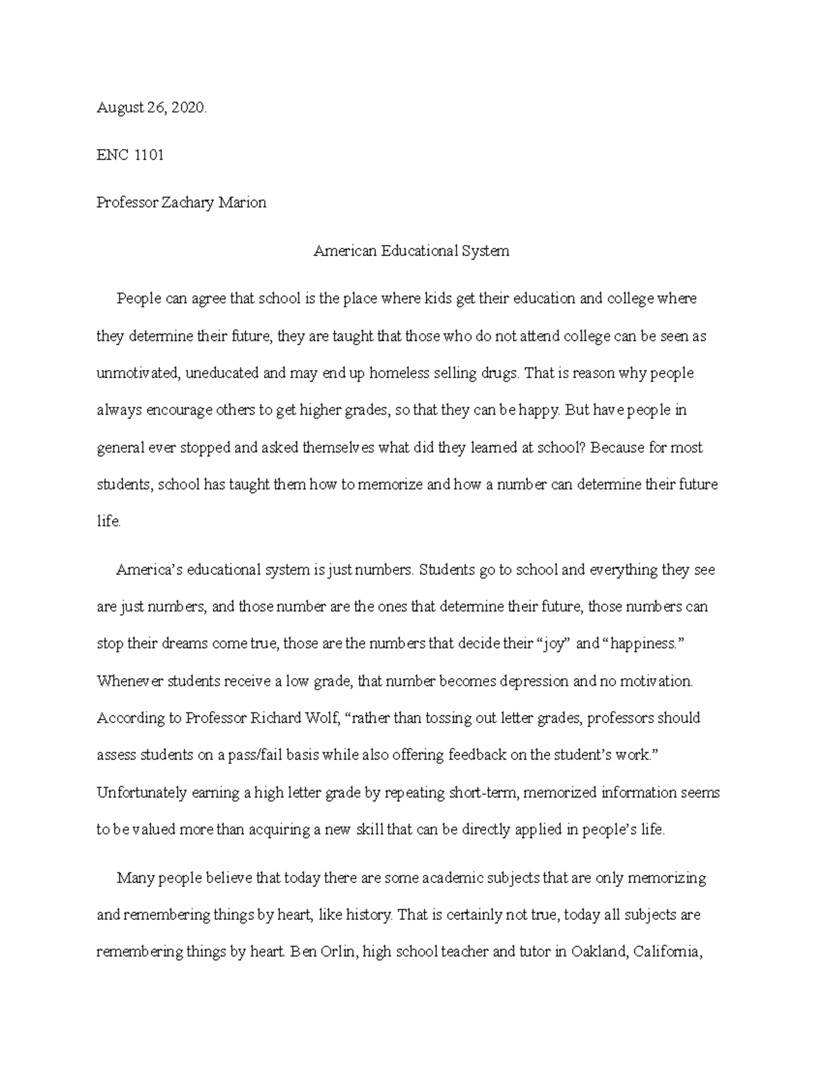 American Educational System Argumentative Reflection August 26