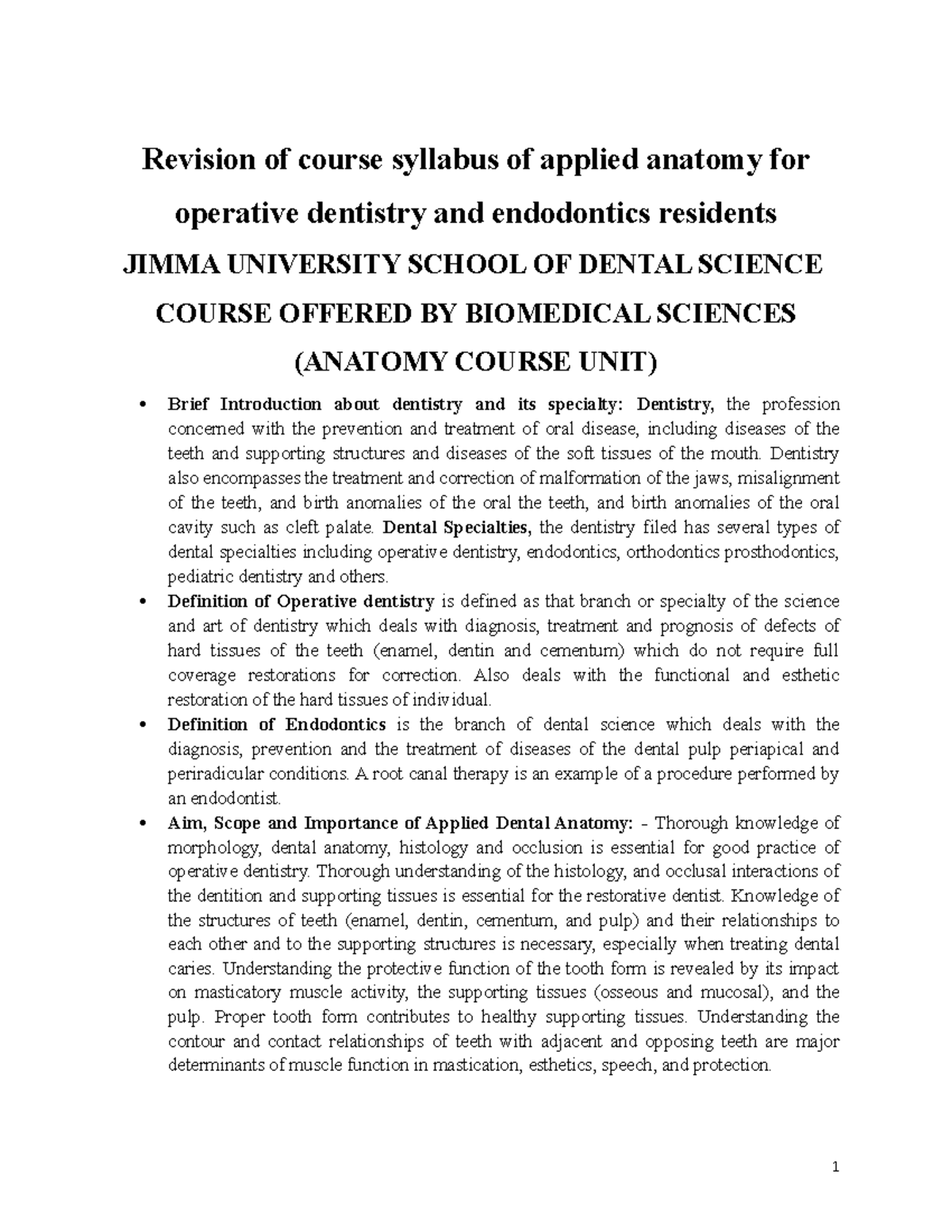 Revision of course syllabus of applied anatomy for operative dentistry