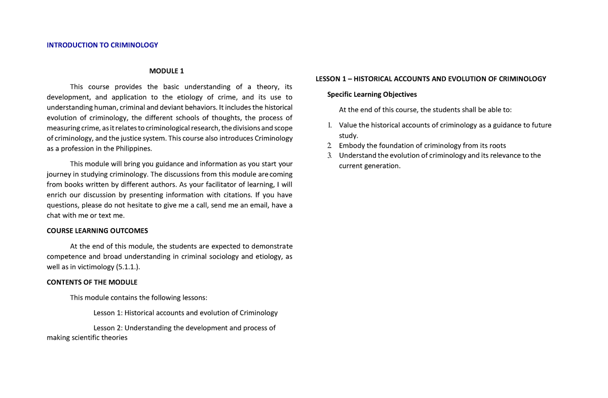 CRIM-100 Lesson-1 - Intro To Crim - INTRODUCTION TO CRIMINOLOGY MODULE ...