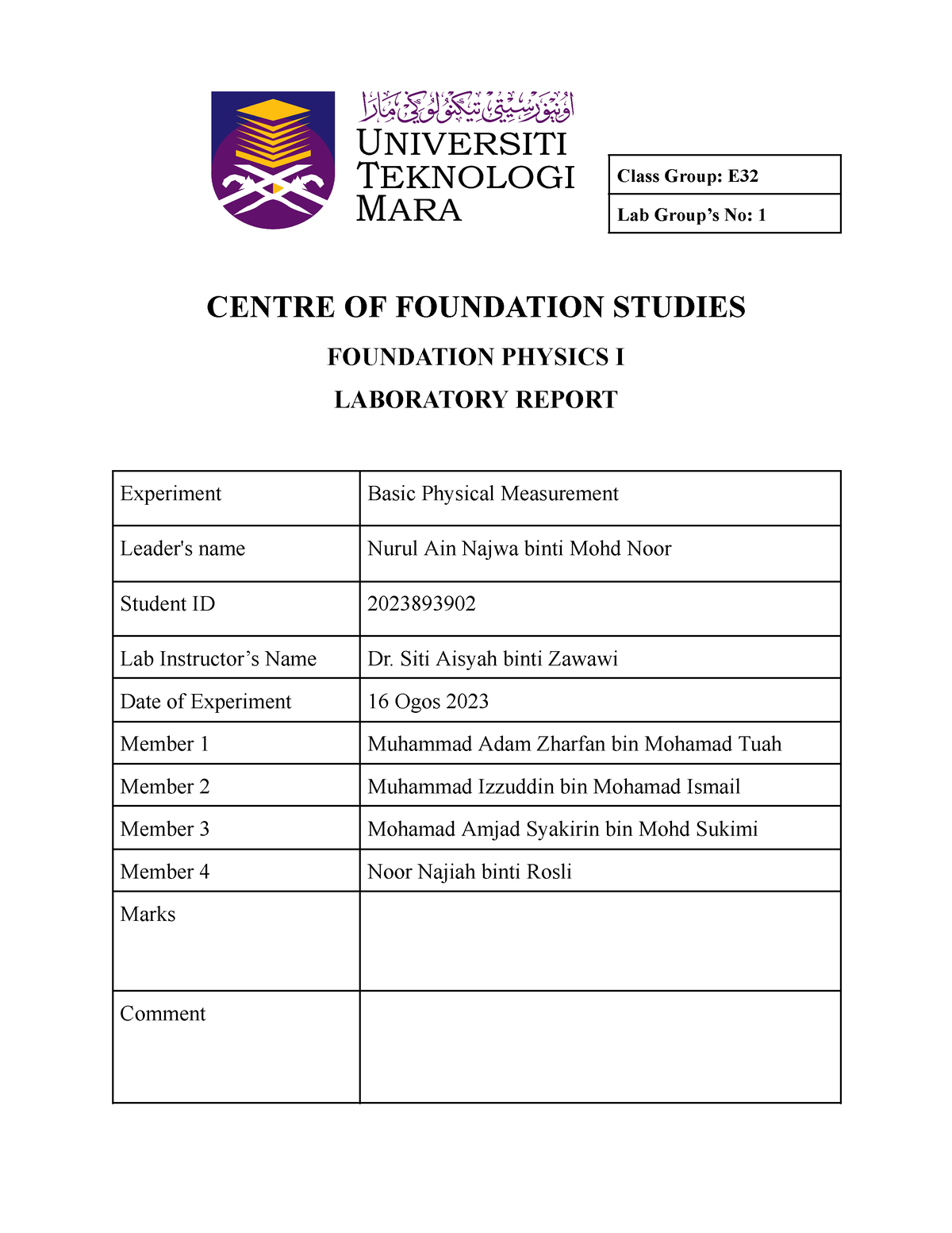 LAB Report PHY - Phy - Class Group: E Lab Group’s No: 1 CENTRE OF ...