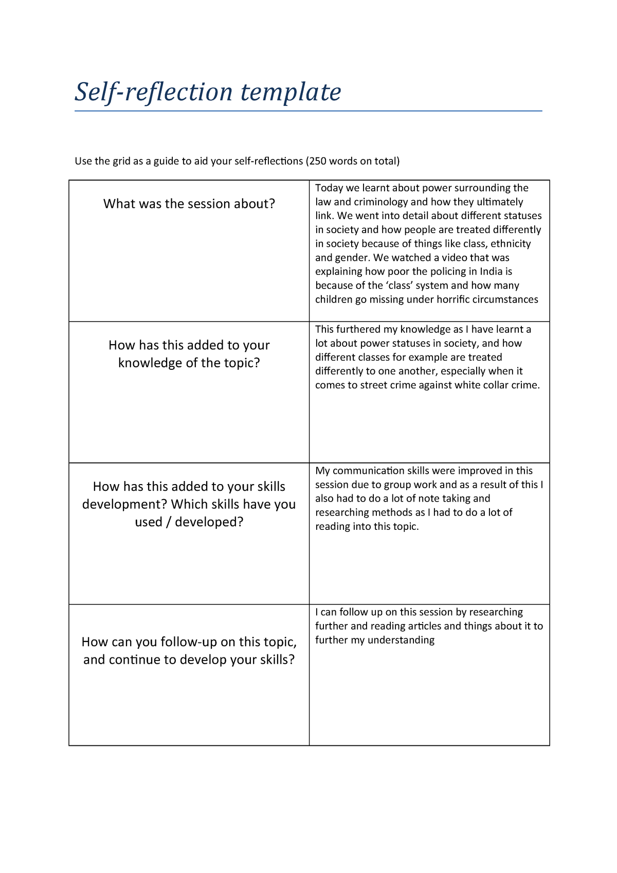 Self Reflection Student Self Reflection Reflection Paper Example