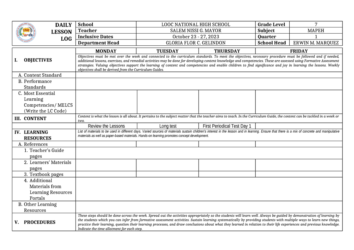 WEEK 10-October 23 - 27, 2023docx - DAILY LESSON LOG School LOOC ...